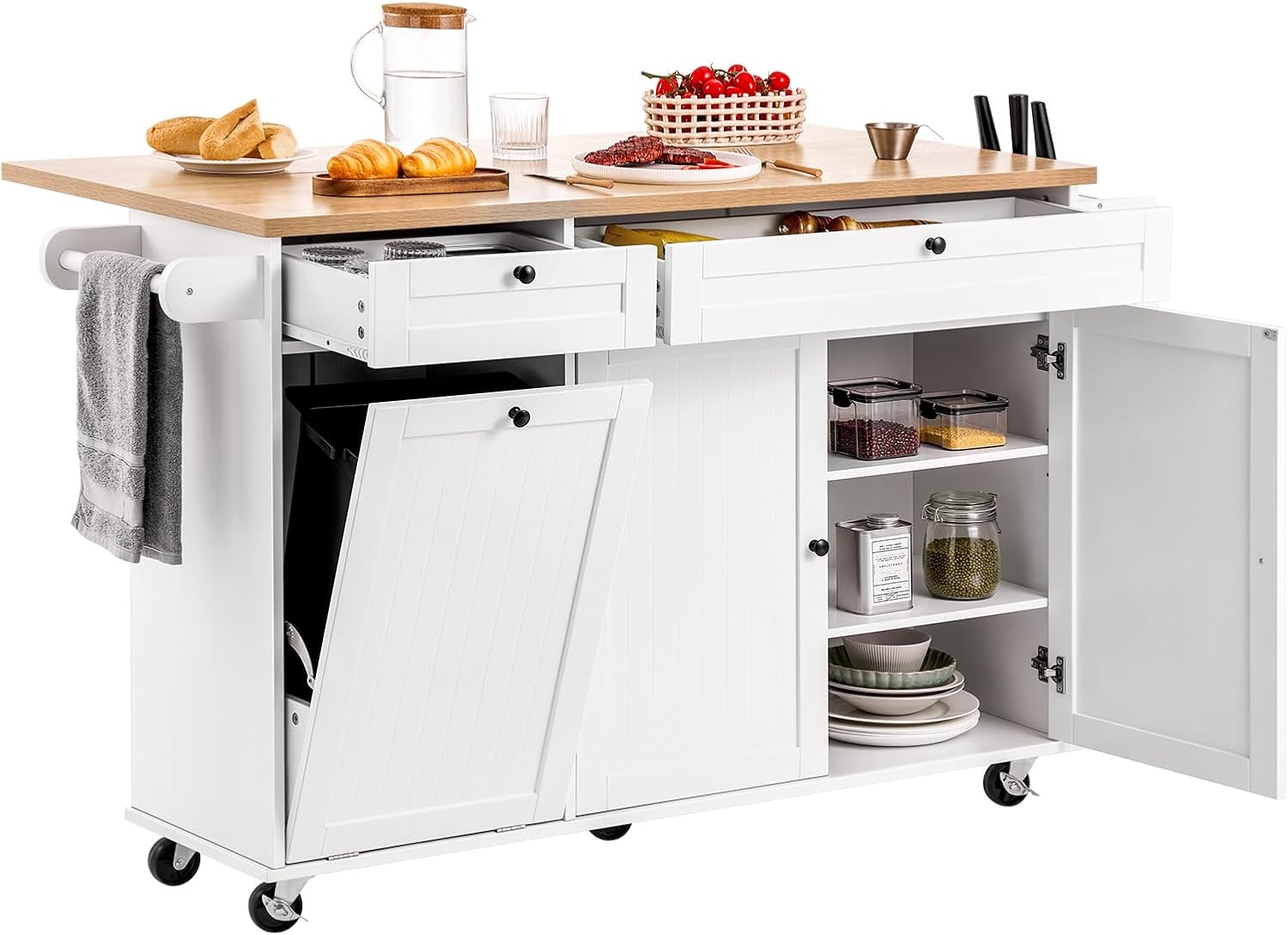 Kitchen Island Cart with Solid Wood Top, 35.4" Width Mobile Carts with Storage Cabinet, Rolling Kitchen Table with Spice Rack, Towel Rack, and Drawer, Portable Islands on Wheels, White | Rolling Kitchen Table with Storage Cabinet, Spice Rack, Towel