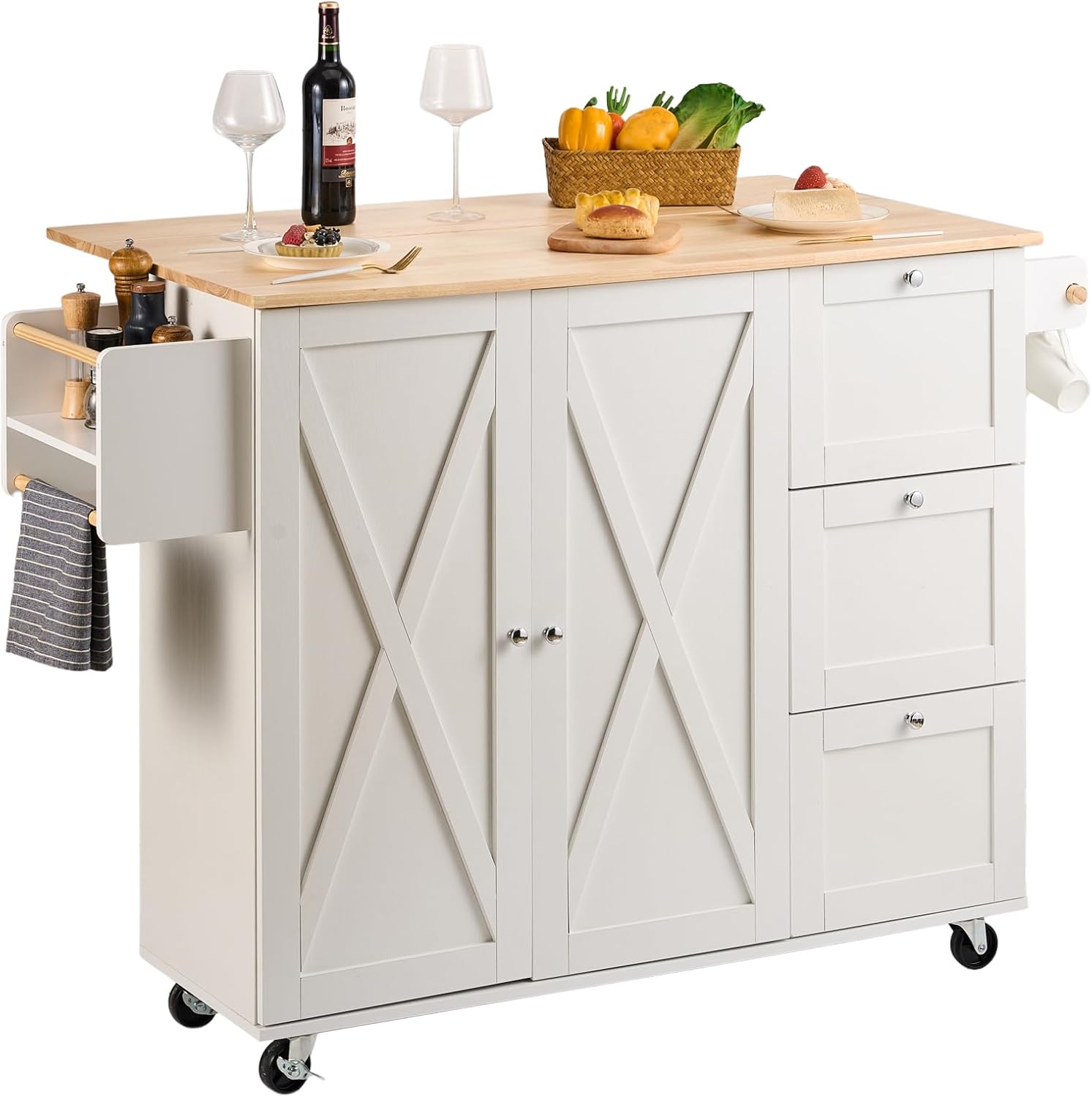 Kitchen Island Cart with Solid Wood Top, 35.4" Width Mobile Carts with Storage Cabinet, Rolling Kitchen Table with Spice Rack, Towel Rack, and Drawer, Portable Islands on Wheels, White | Rolling Kitchen Table with Storage Cabinet, Spice Rack, Towel
