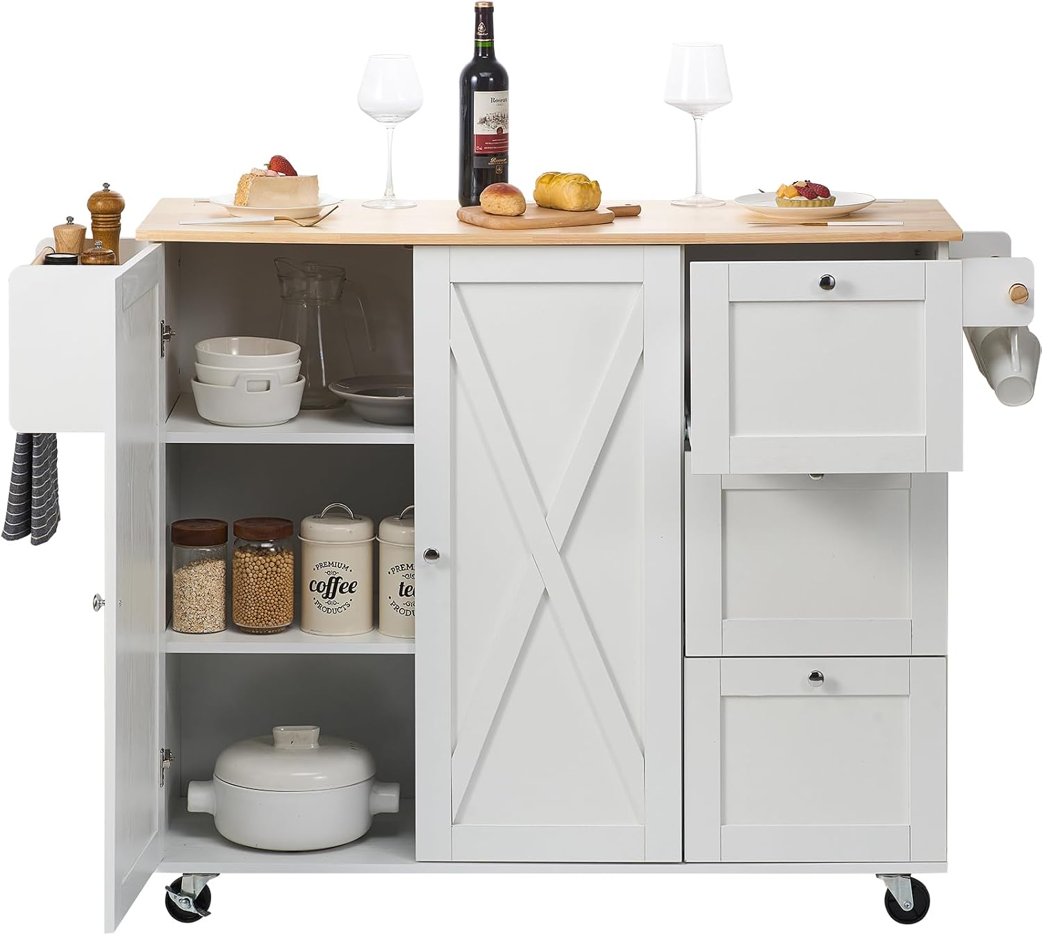 Kitchen Island Cart with Solid Wood Top, 35.4" Width Mobile Carts with Storage Cabinet, Rolling Kitchen Table with Spice Rack, Towel Rack, and Drawer, Portable Islands on Wheels, White | Rolling Kitchen Table with Storage Cabinet, Spice Rack, Towel