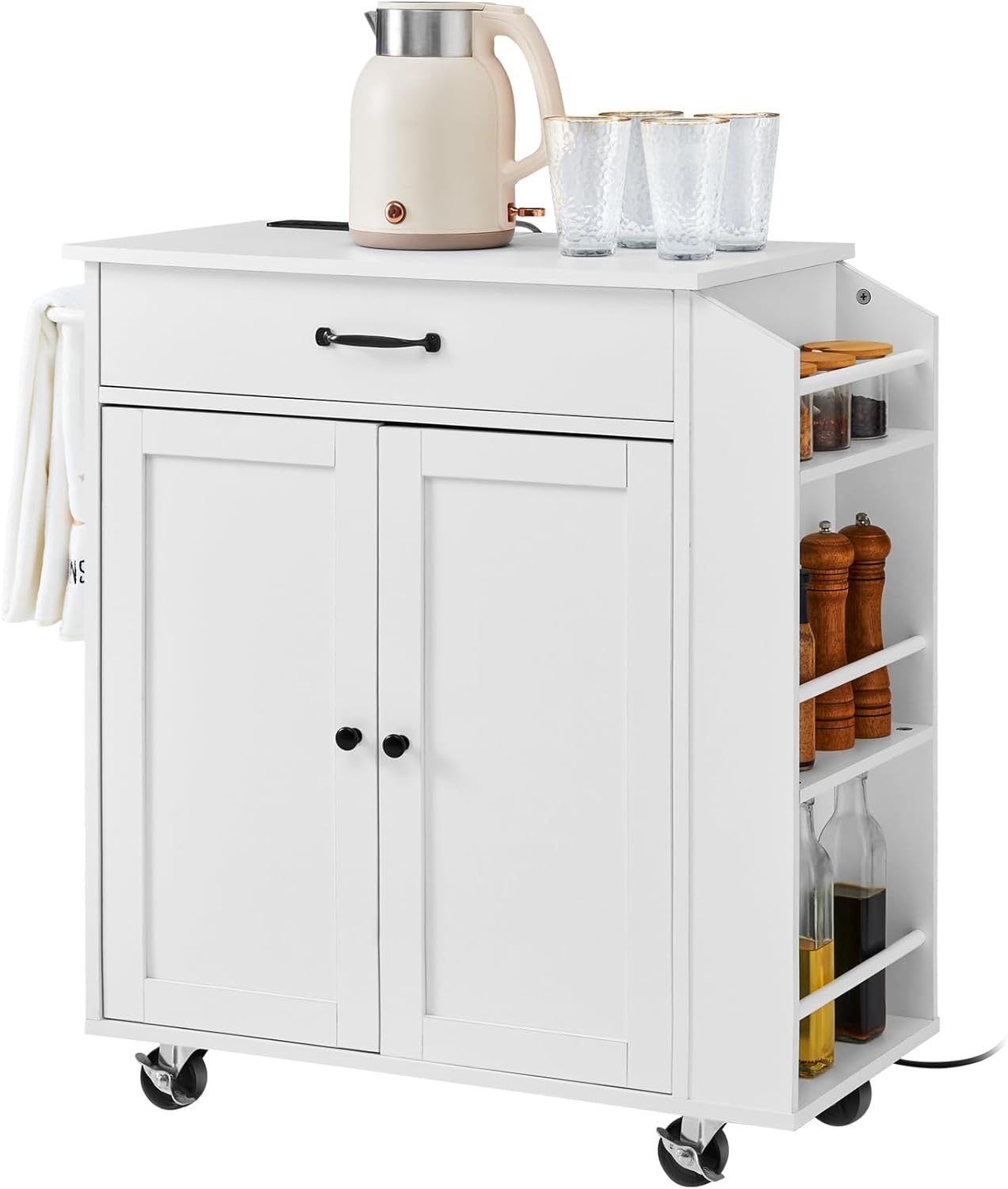 Kitchen Island Cart with Solid Wood Top, 35.4" Width Mobile Carts with Storage Cabinet, Rolling Kitchen Table with Spice Rack, Towel Rack, and Drawer, Portable Islands on Wheels, White | Rolling Kitchen Table with Storage Cabinet, Spice Rack, Towel