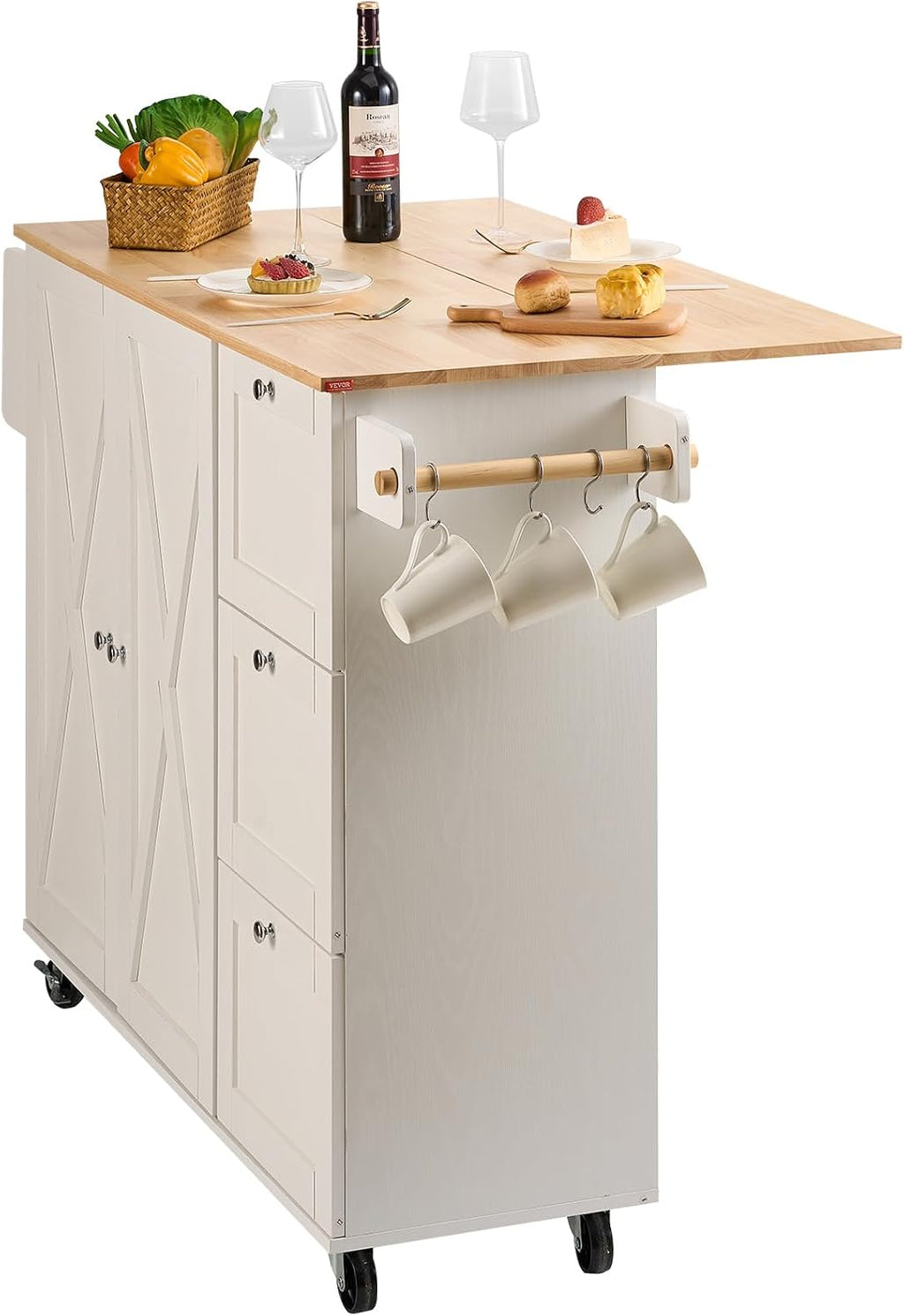 Kitchen Island Cart with Solid Wood Top, 35.4" Width Mobile Carts with Storage Cabinet, Rolling Kitchen Table with Spice Rack, Towel Rack, and Drawer, Portable Islands on Wheels, White | Rolling Kitchen Table with Storage Cabinet, Spice Rack, Towel