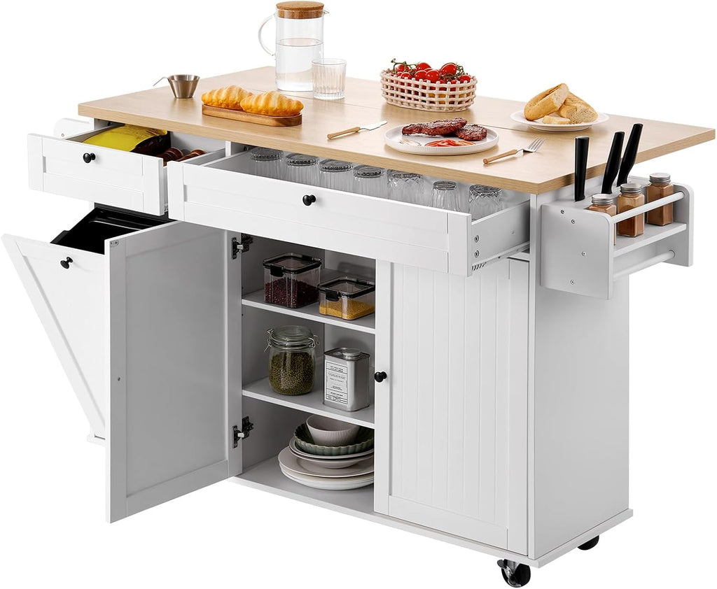 Kitchen Island Cart with Solid Wood Top, 35.4" Width Mobile Carts with Storage Cabinet, Rolling Kitchen Table with Spice Rack, Towel Rack, and Drawer, Portable Islands on Wheels, White | Rolling Kitchen Table with Storage Cabinet, Spice Rack, Towel