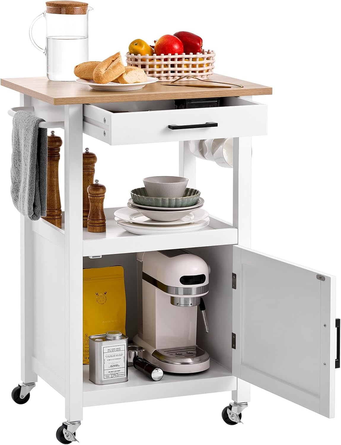 Kitchen Island Cart with Solid Wood Top, 35.4" Width Mobile Carts with Storage Cabinet, Rolling Kitchen Table with Spice Rack, Towel Rack, and Drawer, Portable Islands on Wheels, White | Rolling Kitchen Table with Storage Cabinet, Spice Rack, Towel