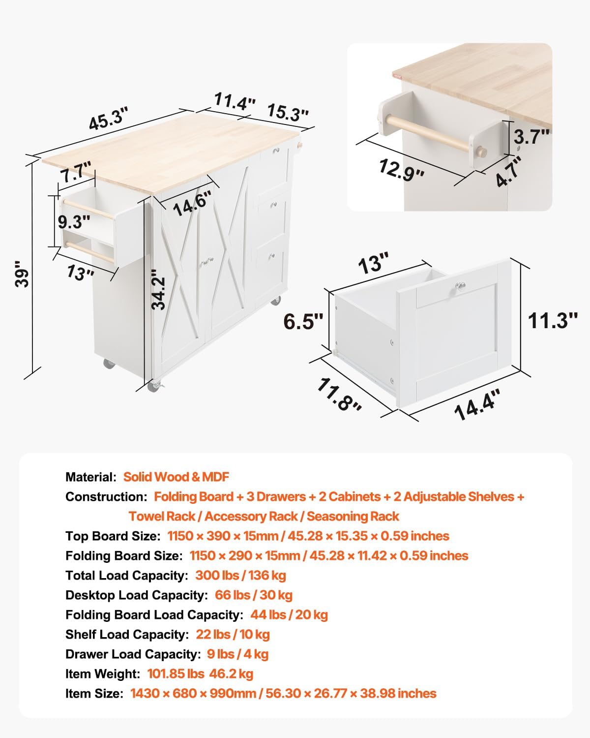 Kitchen Island Cart with Solid Wood Top, 35.4" Width Mobile Carts with Storage Cabinet, Rolling Kitchen Table with Spice Rack, Towel Rack, and Drawer, Portable Islands on Wheels, White | Rolling Kitchen Table with Storage Cabinet, Spice Rack, Towel