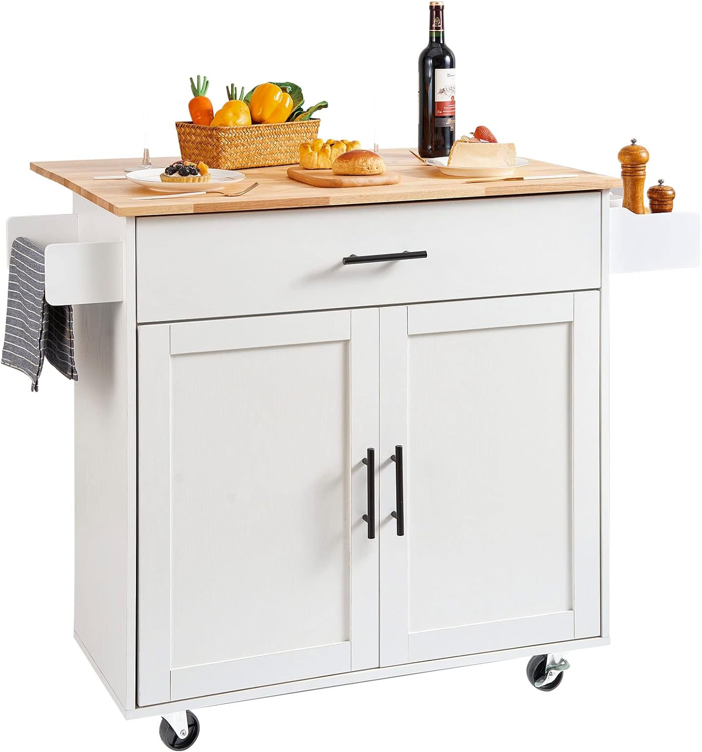 Kitchen Island Cart with Solid Wood Top, 35.4" Width Mobile Carts with Storage Cabinet, Rolling Kitchen Table with Spice Rack, Towel Rack, and Drawer, Portable Islands on Wheels, White | Rolling Kitchen Table with Storage Cabinet, Spice Rack, Towel