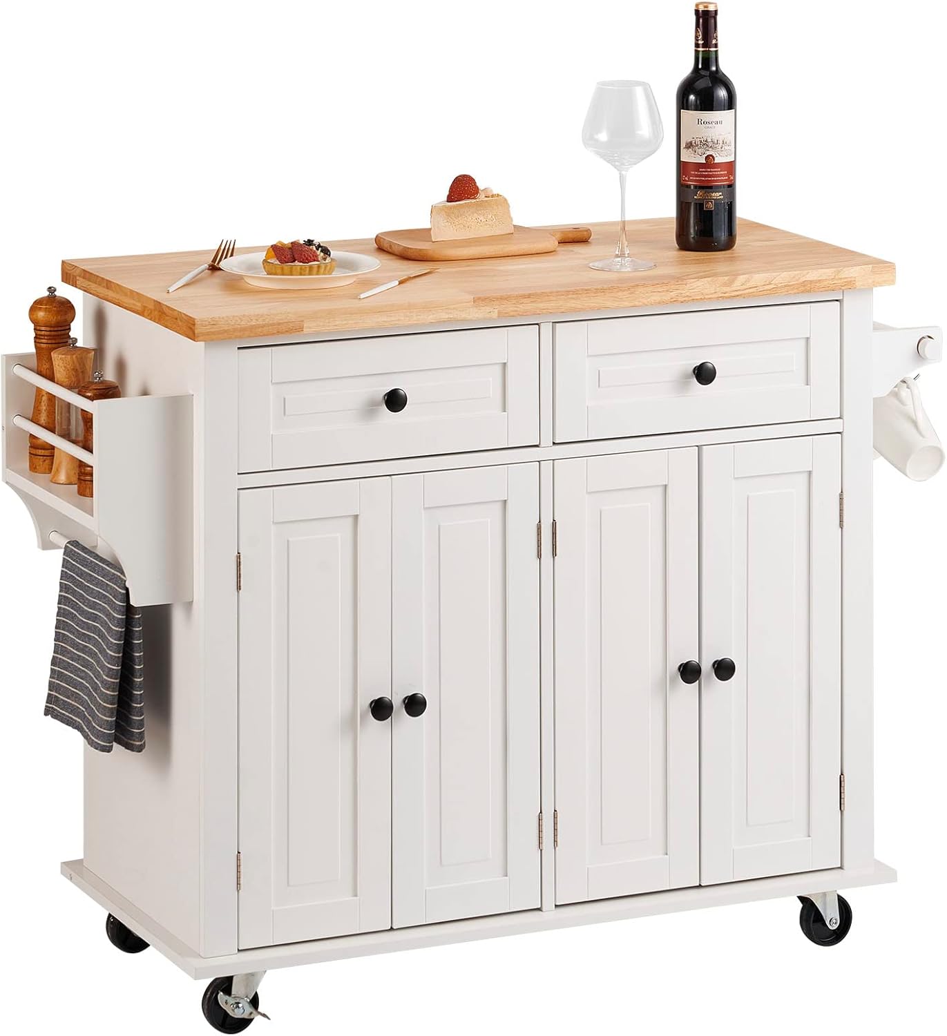 Kitchen Island Cart with Solid Wood Top, 35.4" Width Mobile Carts with Storage Cabinet, Rolling Kitchen Table with Spice Rack, Towel Rack, and Drawer, Portable Islands on Wheels, White | Rolling Kitchen Table with Storage Cabinet, Spice Rack, Towel