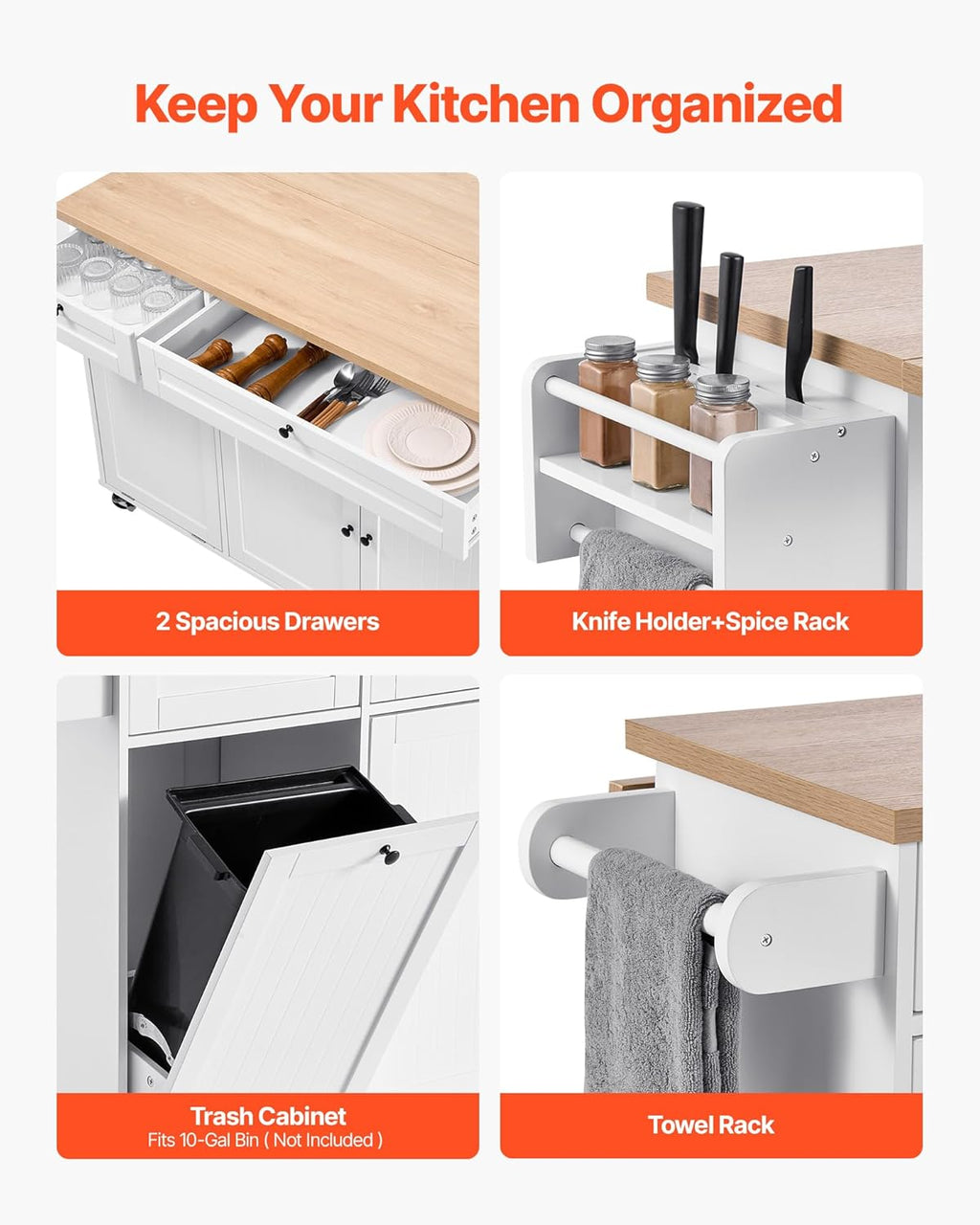 Kitchen Island Cart with Solid Wood Top, 35.4" Width Mobile Carts with Storage Cabinet, Rolling Kitchen Table with Spice Rack, Towel Rack, and Drawer, Portable Islands on Wheels, White | Rolling Kitchen Table with Storage Cabinet, Spice Rack, Towel