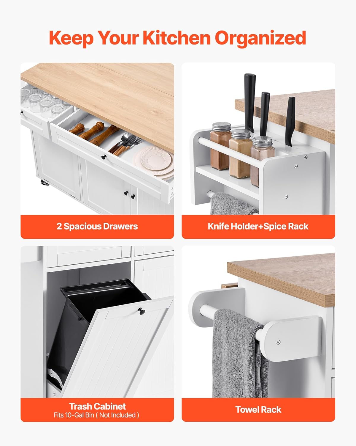 Kitchen Island Cart with Solid Wood Top, 35.4" Width Mobile Carts with Storage Cabinet, Rolling Kitchen Table with Spice Rack, Towel Rack, and Drawer, Portable Islands on Wheels, White | Rolling Kitchen Table with Storage Cabinet, Spice Rack, Towel