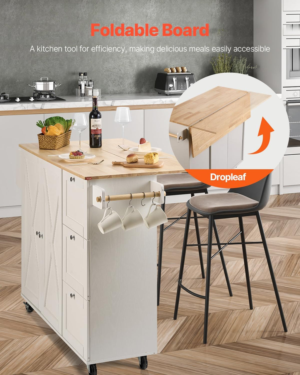 Kitchen Island Cart with Solid Wood Top, 35.4" Width Mobile Carts with Storage Cabinet, Rolling Kitchen Table with Spice Rack, Towel Rack, and Drawer, Portable Islands on Wheels, White | Rolling Kitchen Table with Storage Cabinet, Spice Rack, Towel