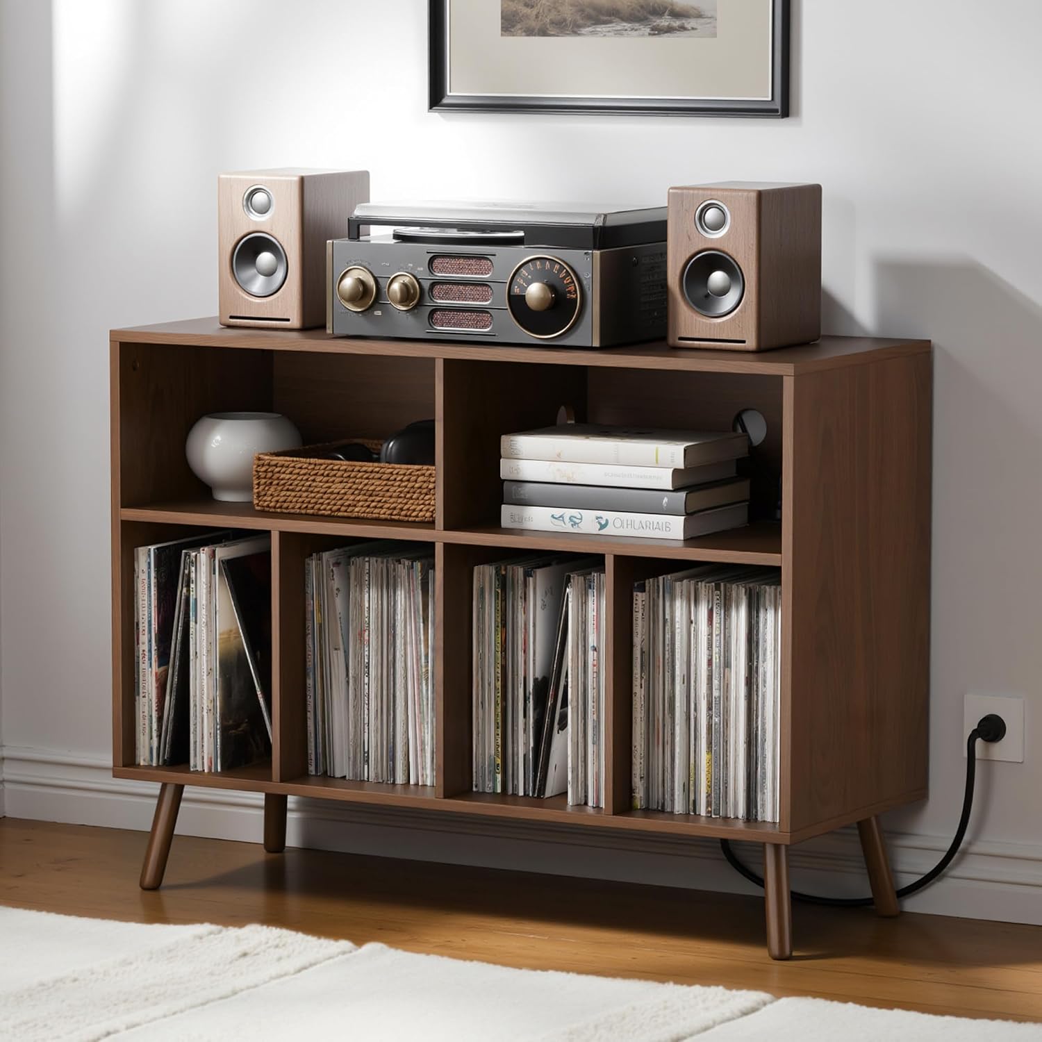 Record Player Stand with Vinyl Storage Cabinet, Wood Turntable Table Open Shelf Holder Up to 350 Albums Cube Storage Organizer for Living Room, Office, Brown