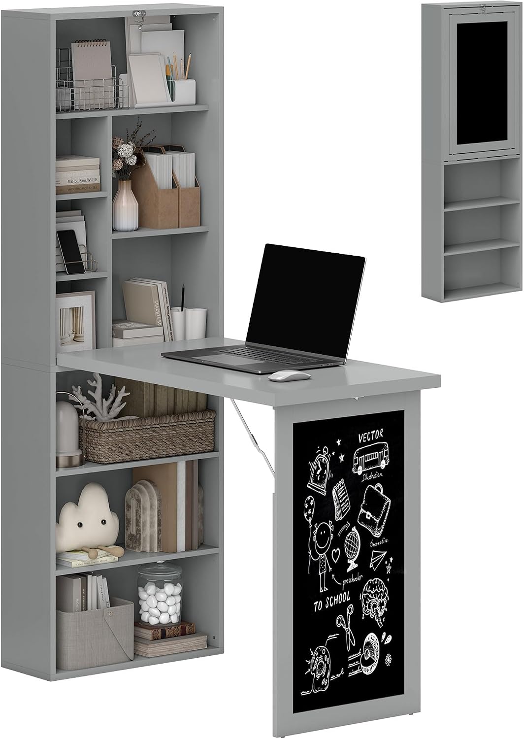 Foldable Convertible Writing Table, Wall Mounted Space-Saving Computer Desk with Chalkboard and Storage Shelves for Small Spaces, Home Office, Bedroom, Dorm, Apartment, White
