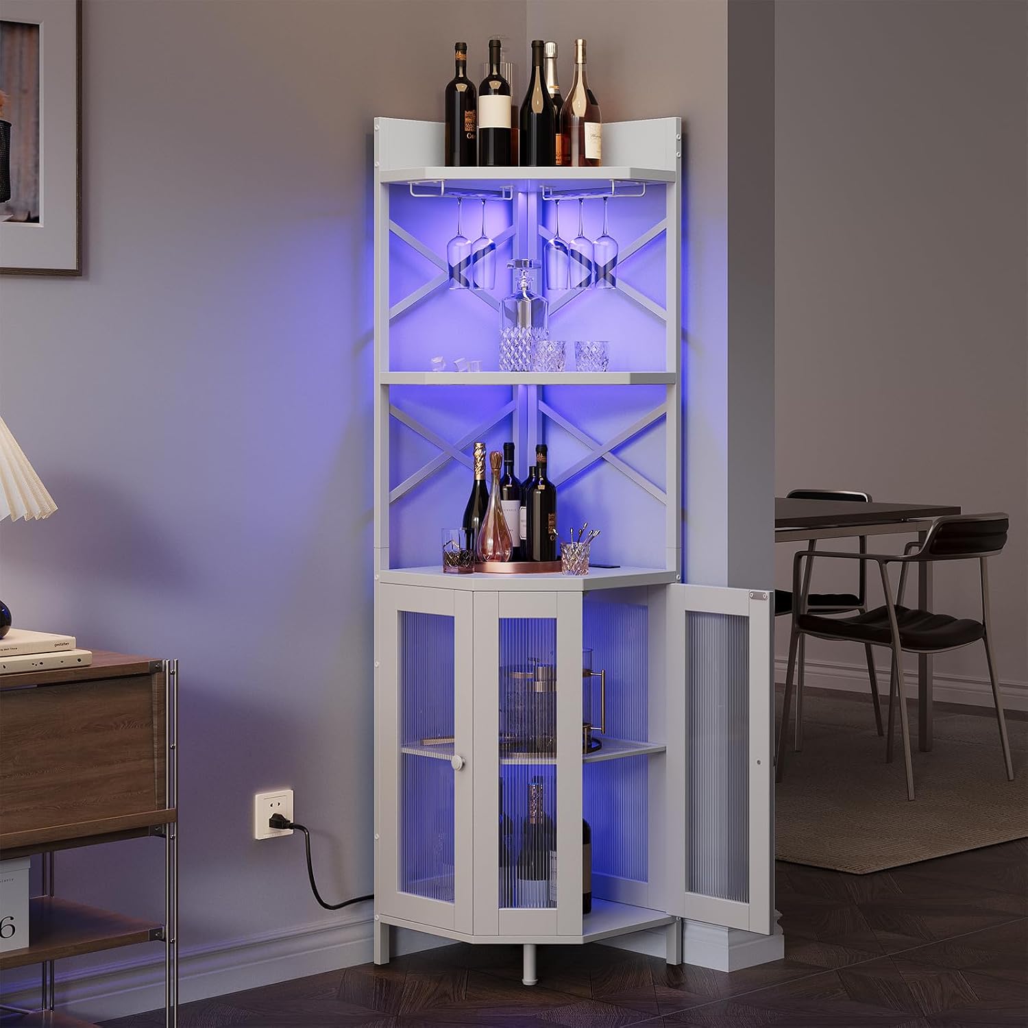 Airynee Corner Bar Cabinet with Power Outlet, 5-Tier Corner Wine Cabinet with Led Strip and Glass Holder, Industrial Tall Liquor Cabinet Bar Wine Rack for Home，Black