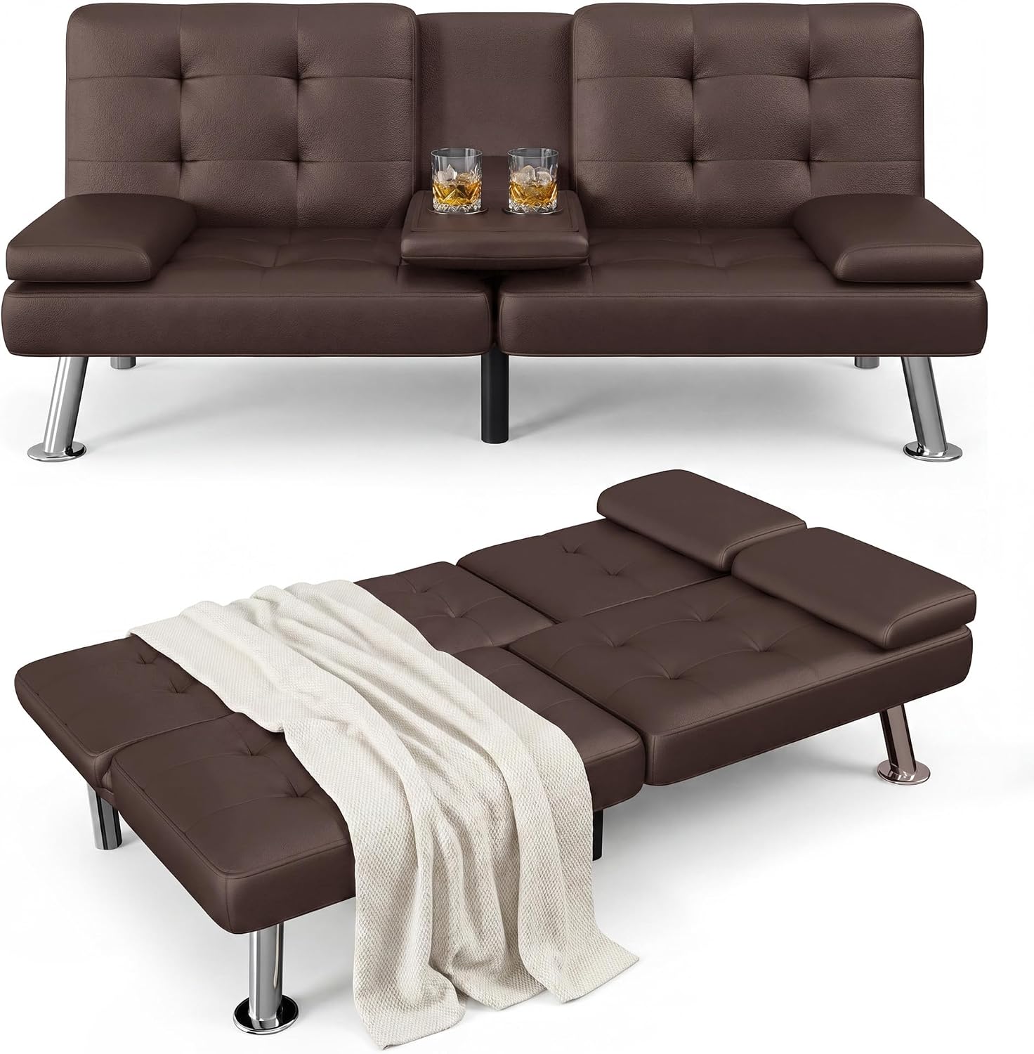 Flamaker Futon Sofa Bed Modern Folding Futon Set Convertible Recliner Lounge for Living Room with 2 Cup Holders, Removable Armrests (PU Leather, Black)