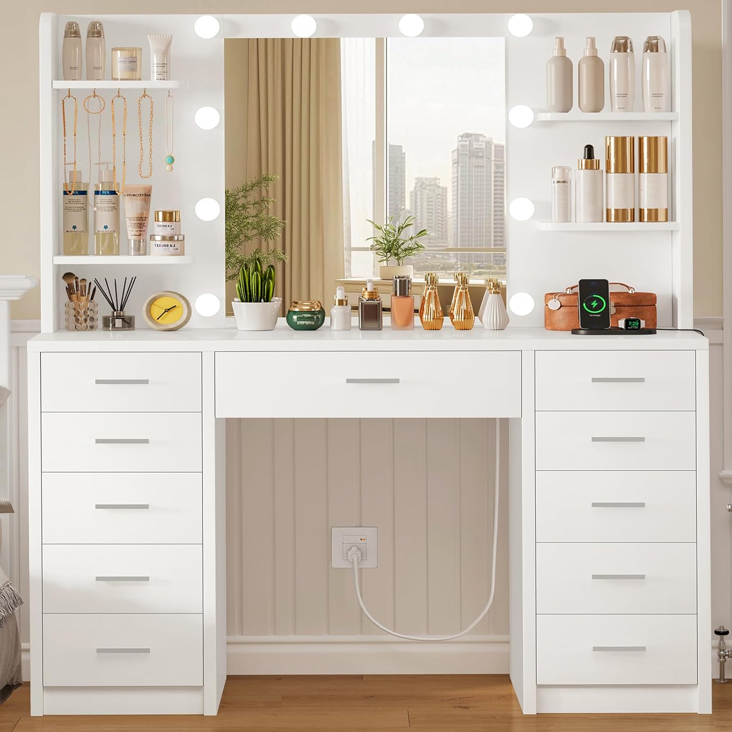 Large Vanity Desk with LED Lighted Mirror & Power Outlet,Makeup Vanity Table with 7 Drawers,4 Shelves and 5 Hooks,Vanity Table, Vanity Desk Set for Bedroom,Bathroom,White