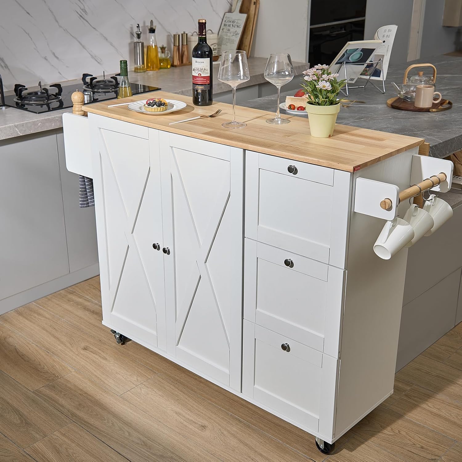 Kitchen Island Cart with Solid Wood Top, 35.4" Width Mobile Carts with Storage Cabinet, Rolling Kitchen Table with Spice Rack, Towel Rack, and Drawer, Portable Islands on Wheels, White | Rolling Kitchen Table with Storage Cabinet, Spice Rack, Towel