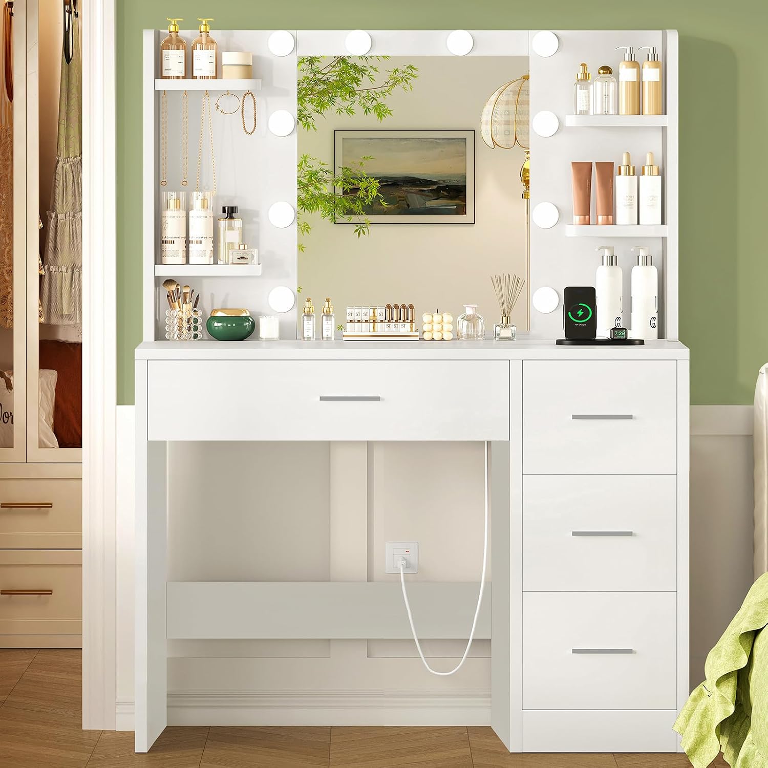 Large Vanity Desk with LED Lighted Mirror & Power Outlet,Makeup Vanity Table with 7 Drawers,4 Shelves and 5 Hooks,Vanity Table, Vanity Desk Set for Bedroom,Bathroom,White