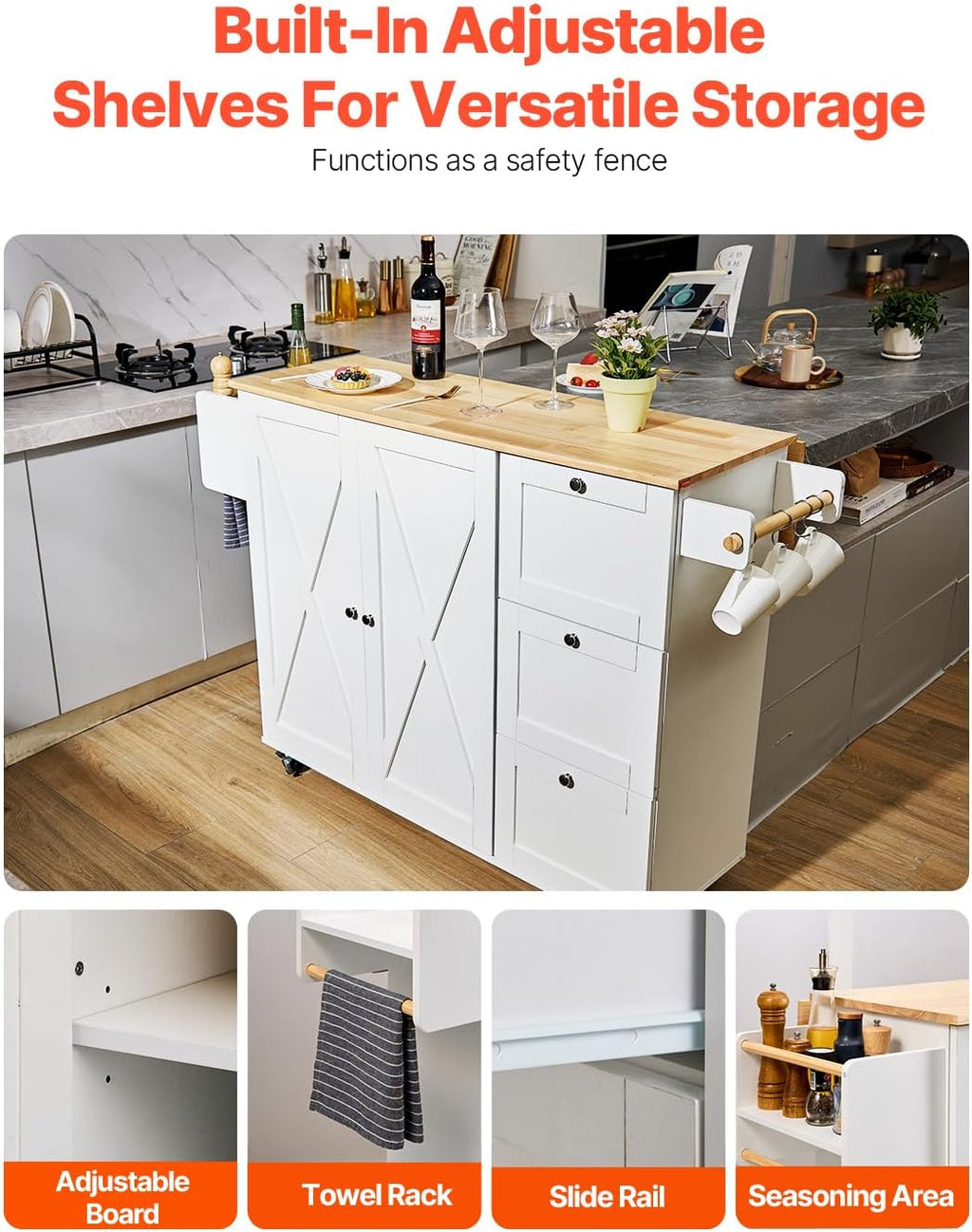 Kitchen Island Cart with Solid Wood Top, 35.4" Width Mobile Carts with Storage Cabinet, Rolling Kitchen Table with Spice Rack, Towel Rack, and Drawer, Portable Islands on Wheels, White | Rolling Kitchen Table with Storage Cabinet, Spice Rack, Towel
