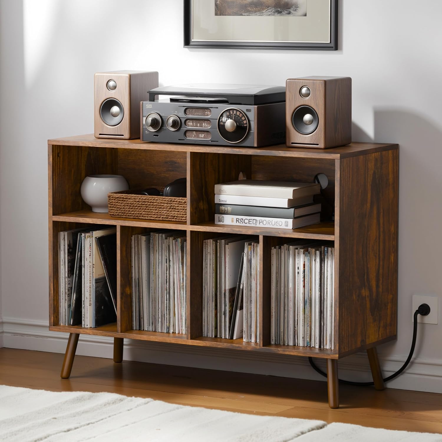Record Player Stand with Vinyl Storage Cabinet, Wood Turntable Table Open Shelf Holder Up to 350 Albums Cube Storage Organizer for Living Room, Office, Brown