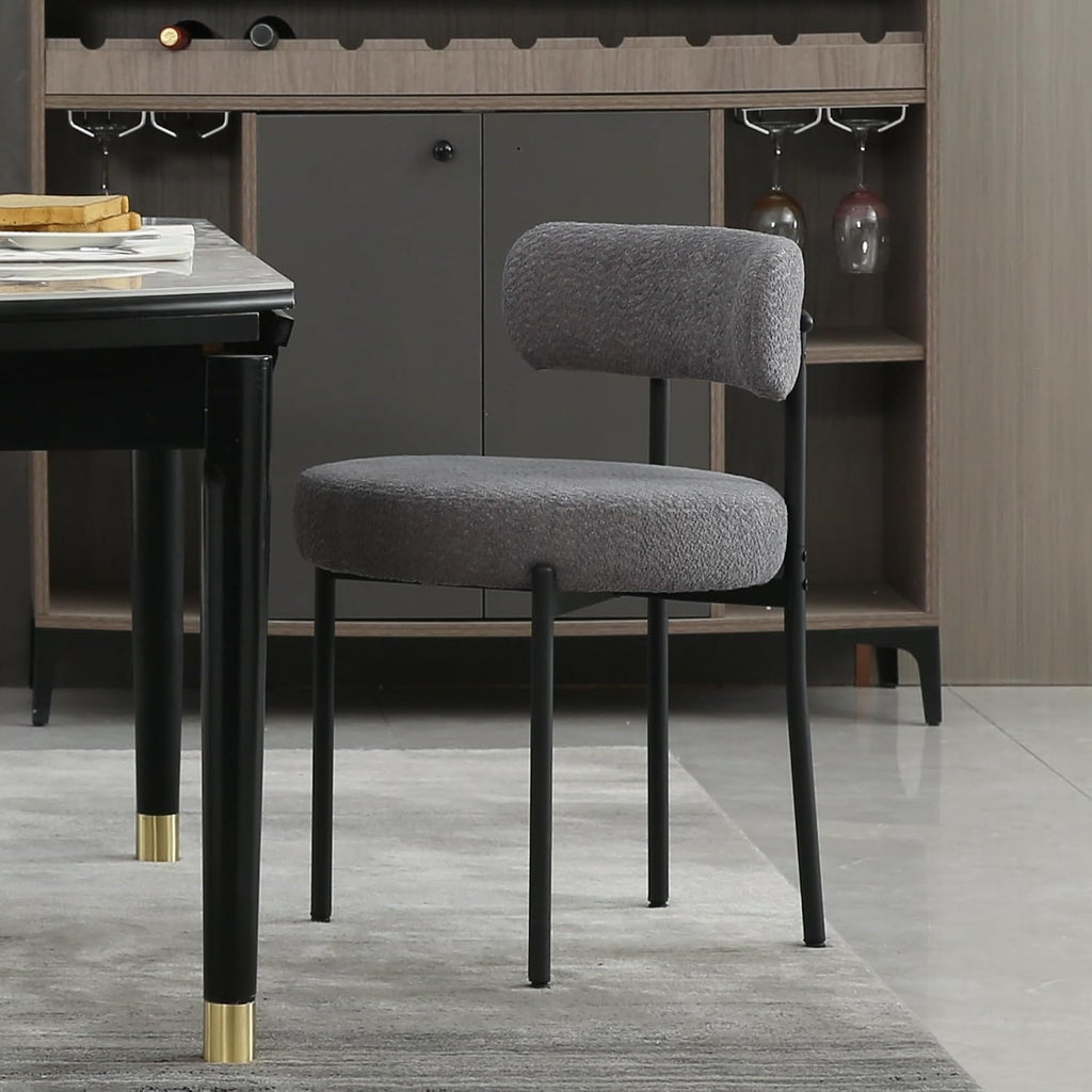 White Boucle Dining Chairs Set of 2, Mid Century Modern Kitchen Chairs, Upholstered Dining Room Chairs with Curved Backrest and Black Metal Legs