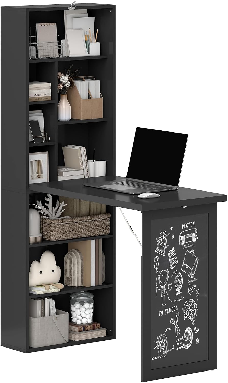 Foldable Convertible Writing Table, Wall Mounted Space-Saving Computer Desk with Chalkboard and Storage Shelves for Small Spaces, Home Office, Bedroom, Dorm, Apartment, White