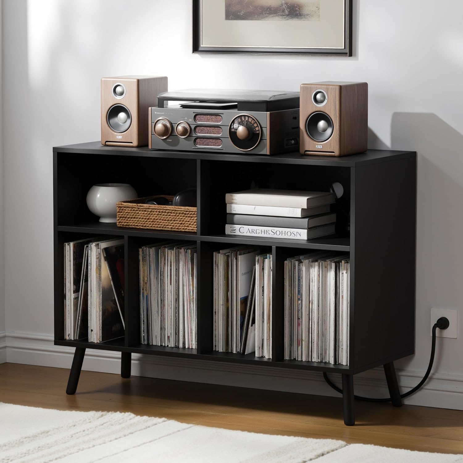 Record Player Stand with Vinyl Storage Cabinet, Wood Turntable Table Open Shelf Holder Up to 350 Albums Cube Storage Organizer for Living Room, Office, Brown