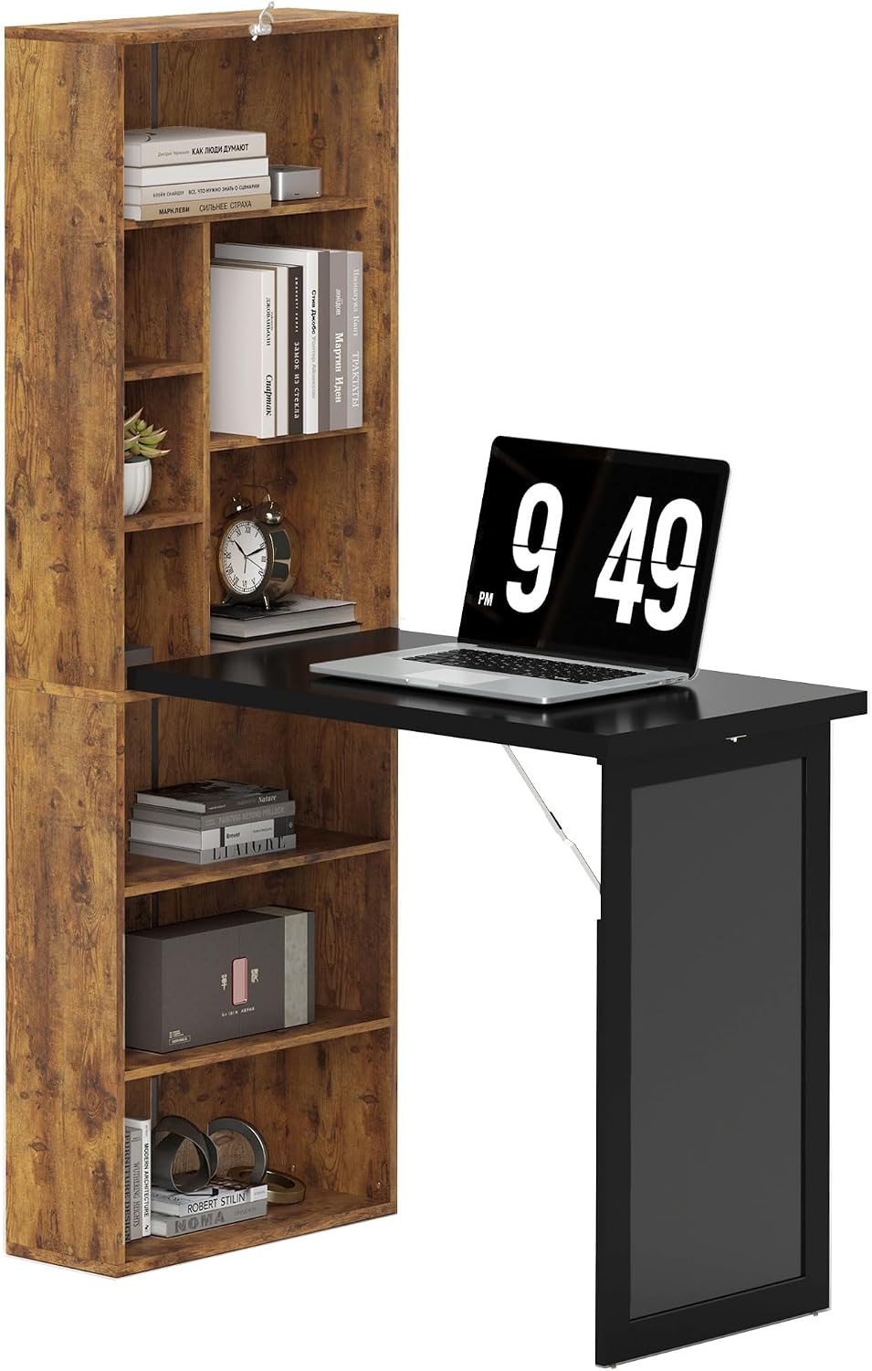 Foldable Convertible Writing Table, Wall Mounted Space-Saving Computer Desk with Chalkboard and Storage Shelves for Small Spaces, Home Office, Bedroom, Dorm, Apartment, White