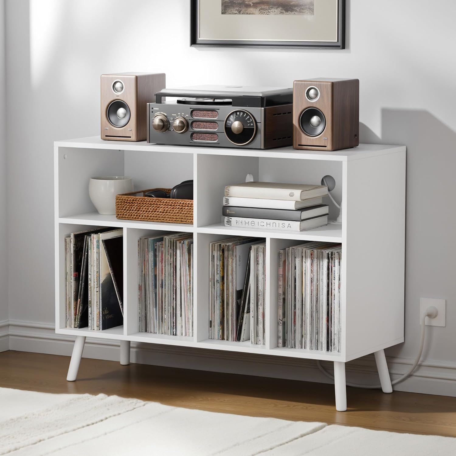 Record Player Stand with Vinyl Storage Cabinet, Wood Turntable Table Open Shelf Holder Up to 350 Albums Cube Storage Organizer for Living Room, Office, Brown