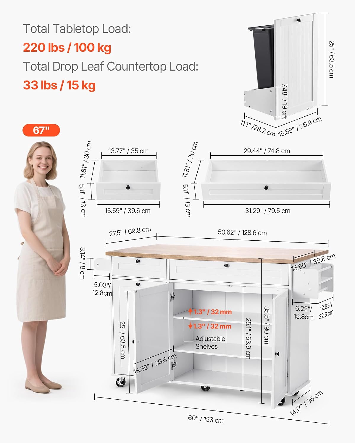 Kitchen Island Cart with Solid Wood Top, 35.4" Width Mobile Carts with Storage Cabinet, Rolling Kitchen Table with Spice Rack, Towel Rack, and Drawer, Portable Islands on Wheels, White | Rolling Kitchen Table with Storage Cabinet, Spice Rack, Towel