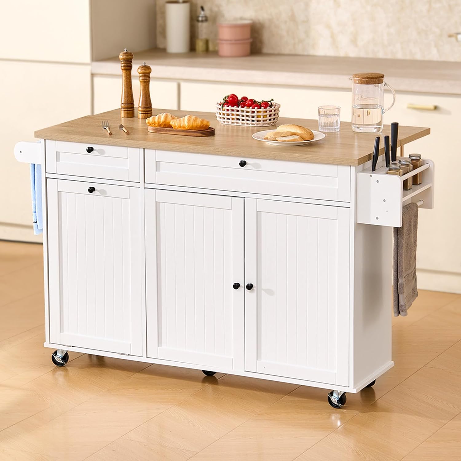 Kitchen Island Cart with Solid Wood Top, 35.4" Width Mobile Carts with Storage Cabinet, Rolling Kitchen Table with Spice Rack, Towel Rack, and Drawer, Portable Islands on Wheels, White | Rolling Kitchen Table with Storage Cabinet, Spice Rack, Towel