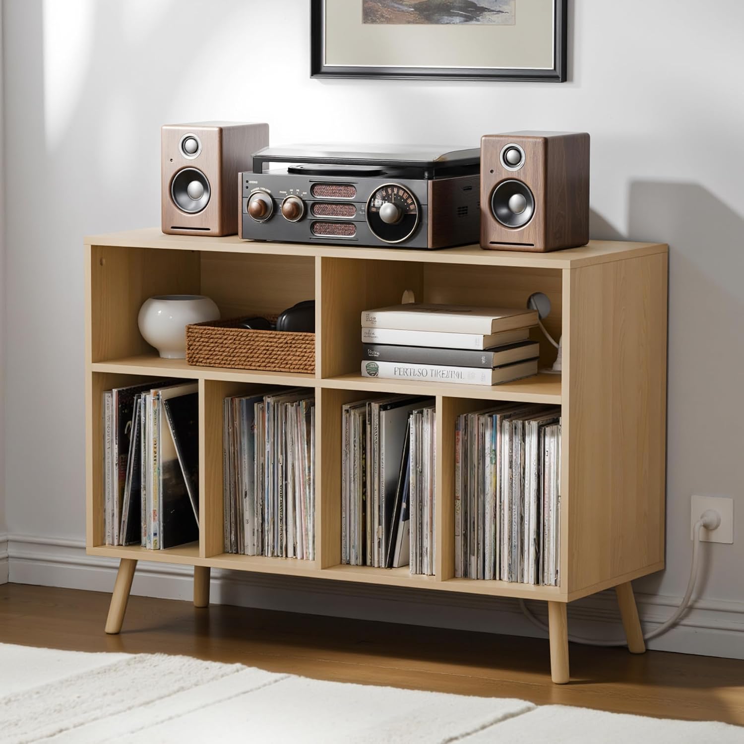 Record Player Stand with Vinyl Storage Cabinet, Wood Turntable Table Open Shelf Holder Up to 350 Albums Cube Storage Organizer for Living Room, Office, Brown