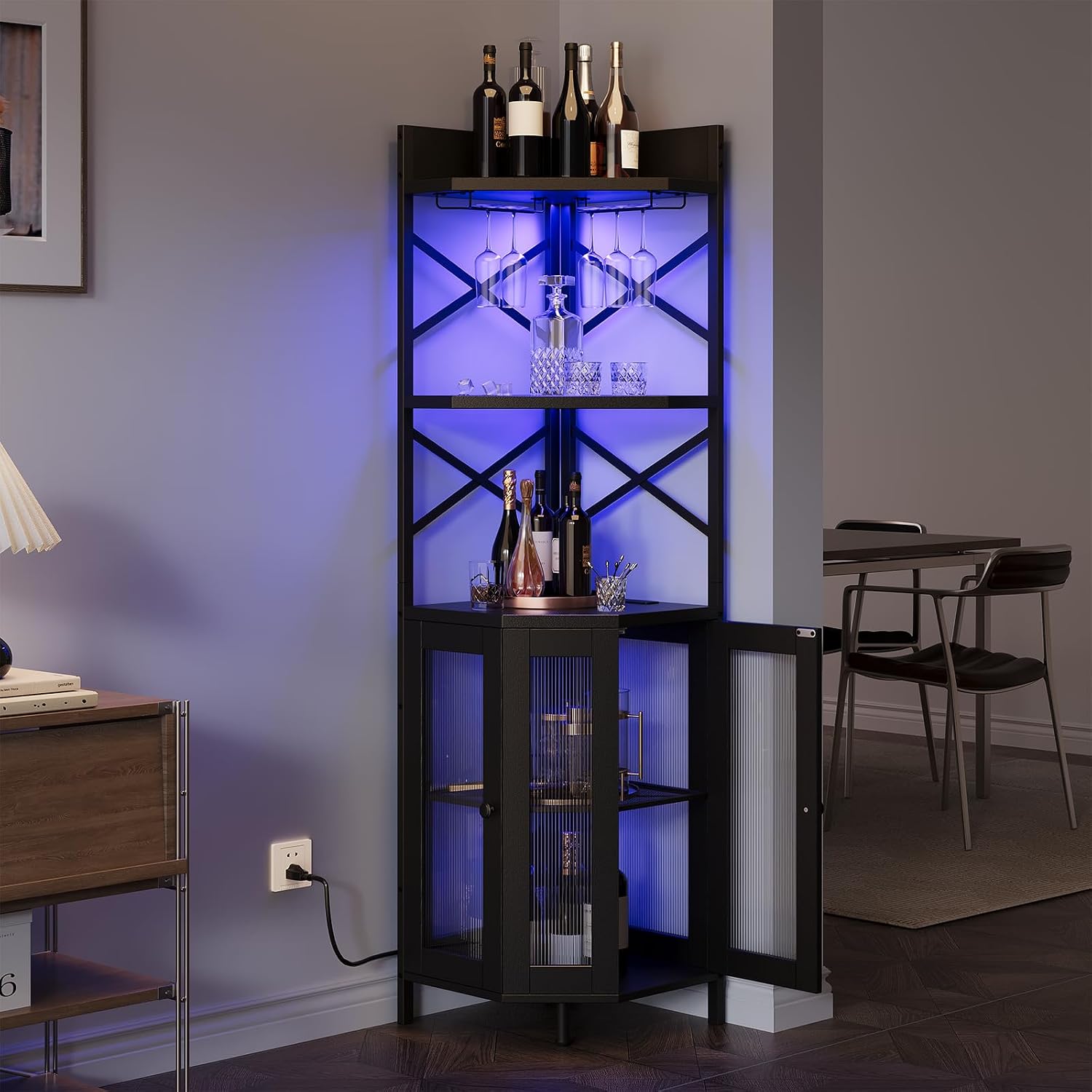 Airynee Corner Bar Cabinet with Power Outlet, 5-Tier Corner Wine Cabinet with Led Strip and Glass Holder, Industrial Tall Liquor Cabinet Bar Wine Rack for Home，Black