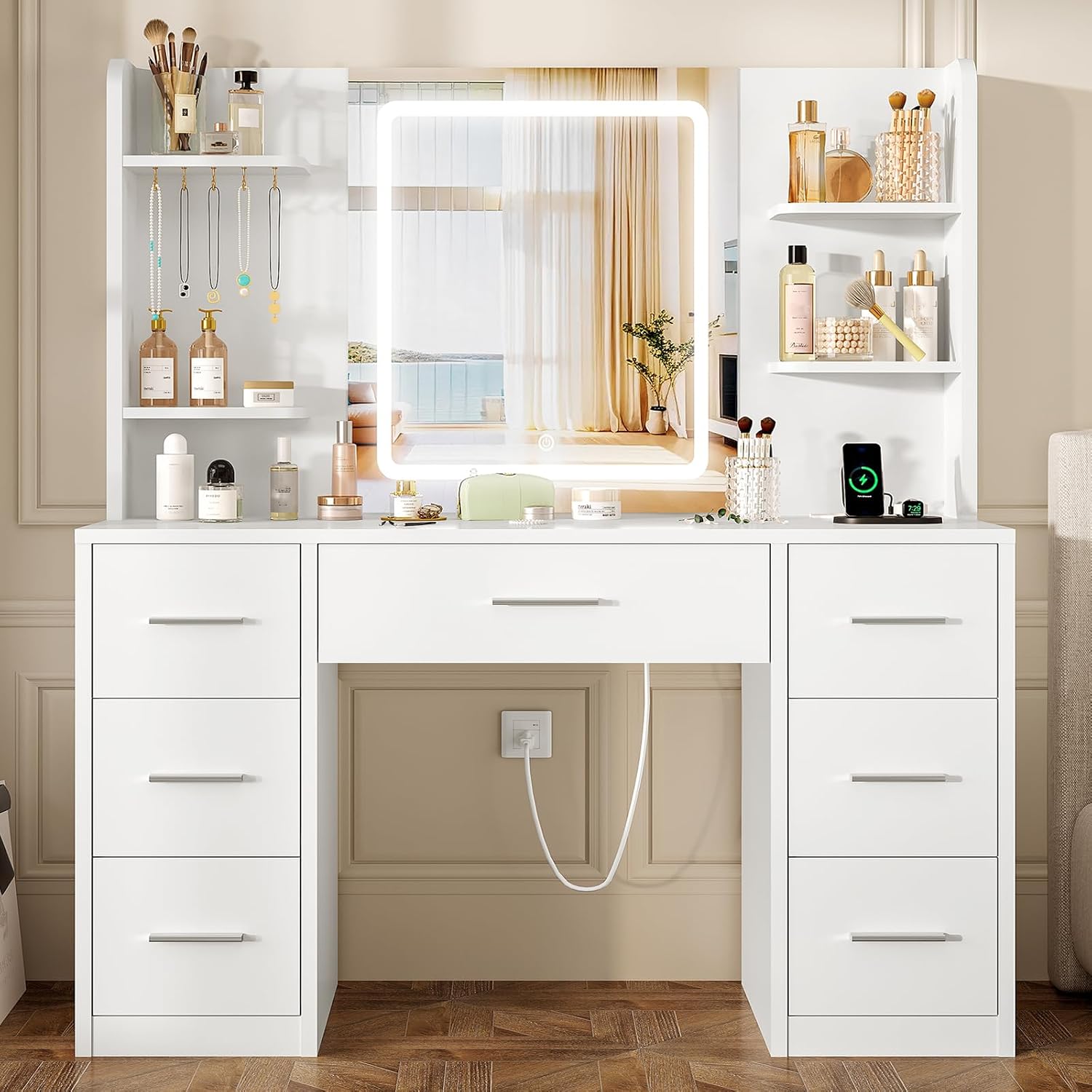 Large Vanity Desk with LED Lighted Mirror & Power Outlet,Makeup Vanity Table with 7 Drawers,4 Shelves and 5 Hooks,Vanity Table, Vanity Desk Set for Bedroom,Bathroom,White
