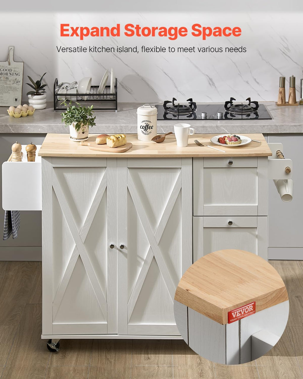 Kitchen Island Cart with Solid Wood Top, 35.4" Width Mobile Carts with Storage Cabinet, Rolling Kitchen Table with Spice Rack, Towel Rack, and Drawer, Portable Islands on Wheels, White | Rolling Kitchen Table with Storage Cabinet, Spice Rack, Towel