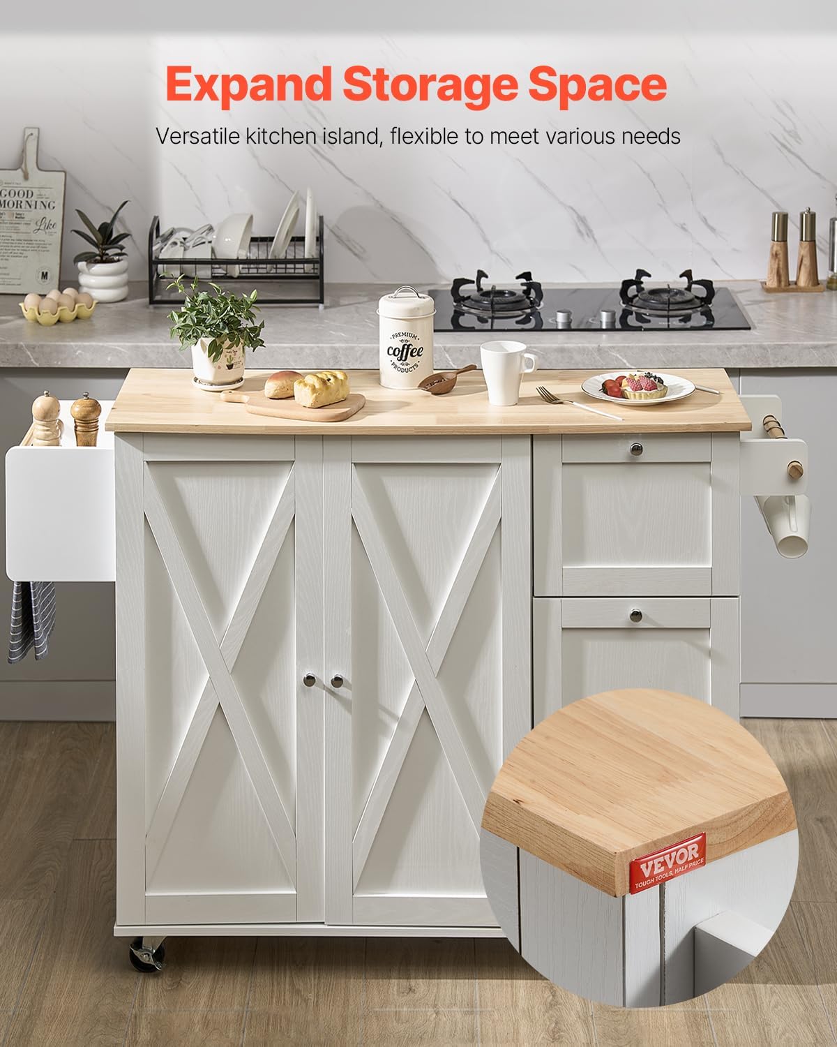 Kitchen Island Cart with Solid Wood Top, 35.4" Width Mobile Carts with Storage Cabinet, Rolling Kitchen Table with Spice Rack, Towel Rack, and Drawer, Portable Islands on Wheels, White | Rolling Kitchen Table with Storage Cabinet, Spice Rack, Towel