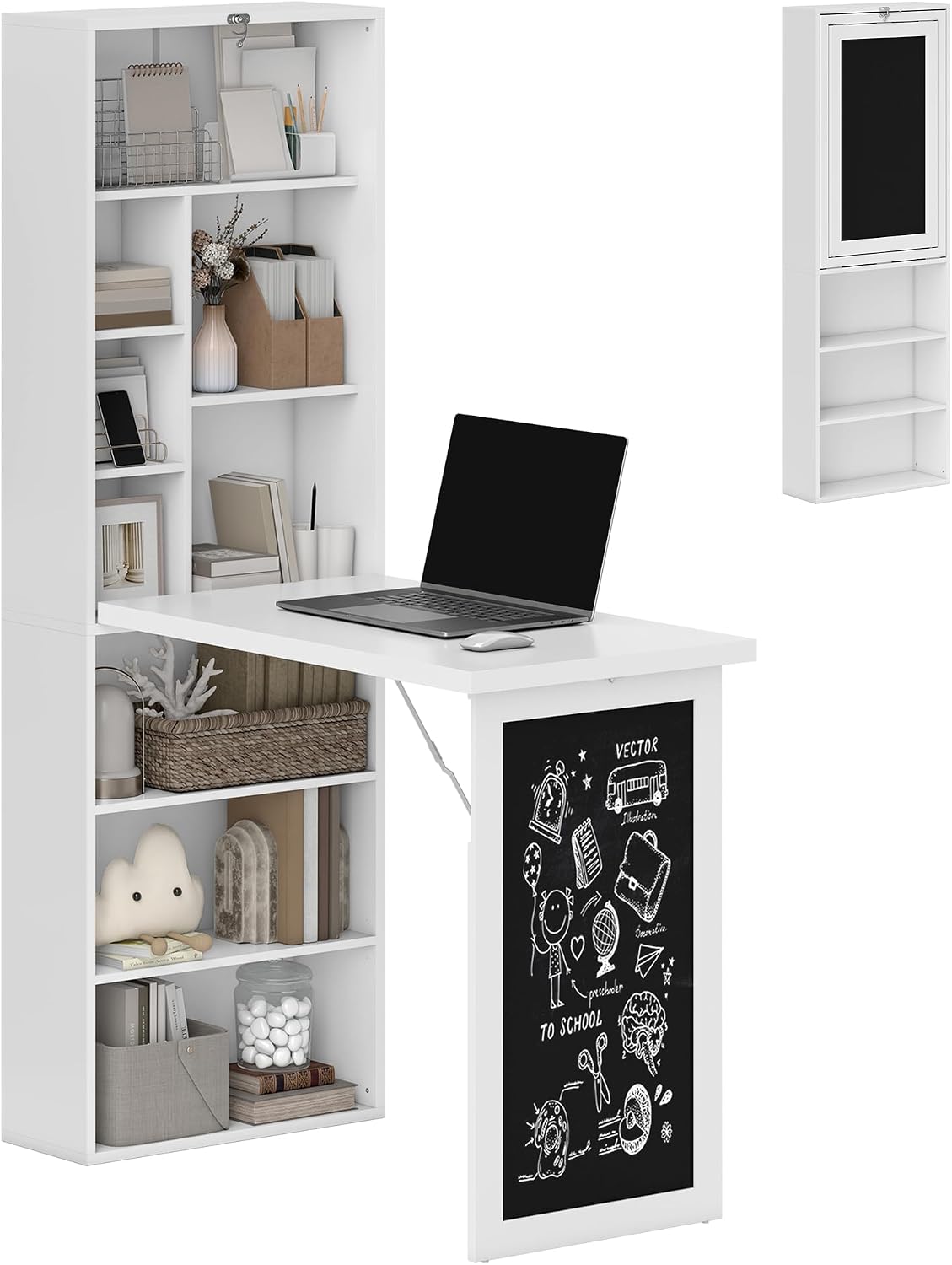 Foldable Convertible Writing Table, Wall Mounted Space-Saving Computer Desk with Chalkboard and Storage Shelves for Small Spaces, Home Office, Bedroom, Dorm, Apartment, White