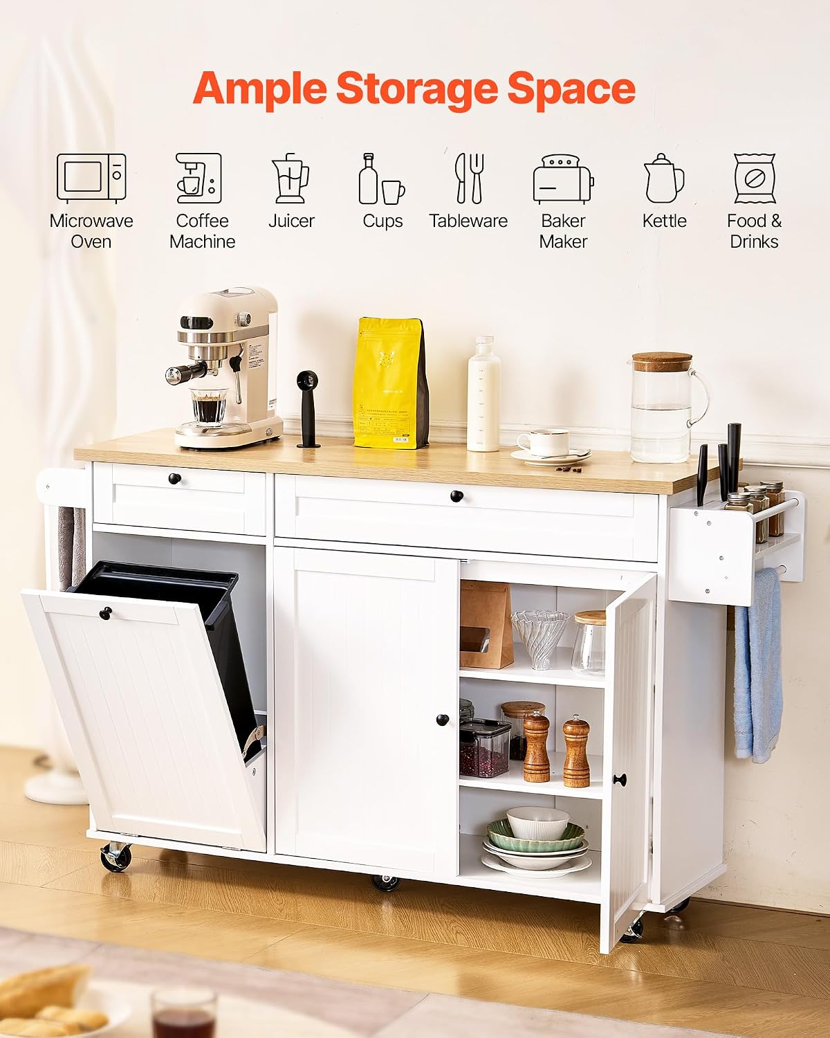 Kitchen Island Cart with Solid Wood Top, 35.4" Width Mobile Carts with Storage Cabinet, Rolling Kitchen Table with Spice Rack, Towel Rack, and Drawer, Portable Islands on Wheels, White | Rolling Kitchen Table with Storage Cabinet, Spice Rack, Towel