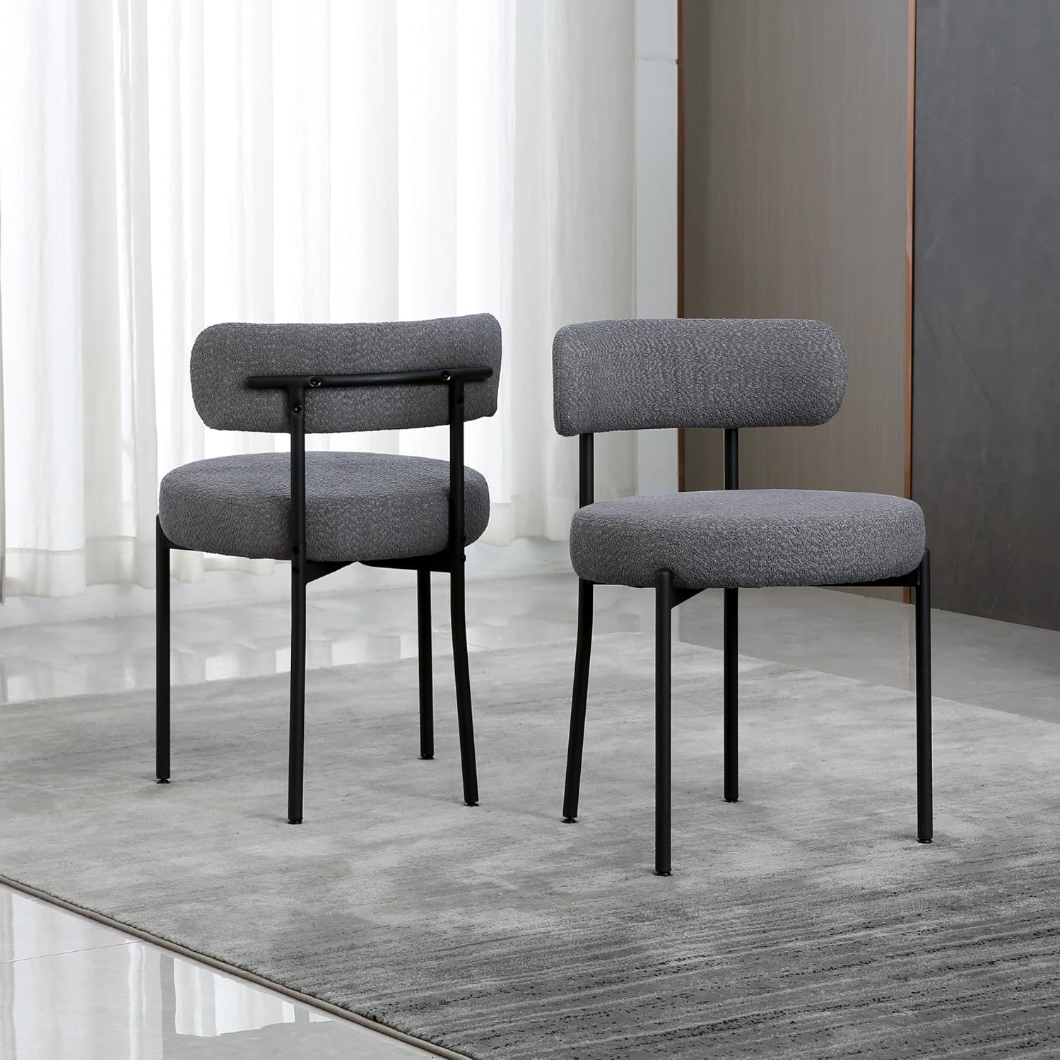 White Boucle Dining Chairs Set of 2, Mid Century Modern Kitchen Chairs, Upholstered Dining Room Chairs with Curved Backrest and Black Metal Legs
