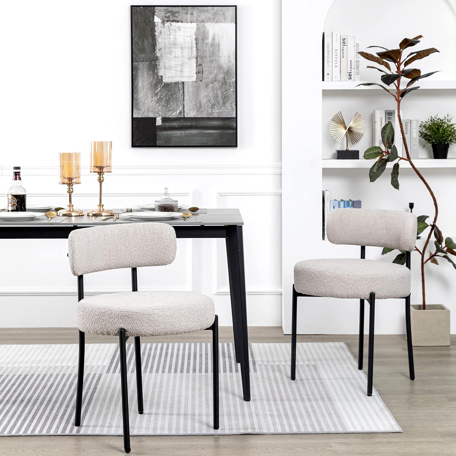 White Boucle Dining Chairs Set of 2, Mid Century Modern Kitchen Chairs, Upholstered Dining Room Chairs with Curved Backrest and Black Metal Legs
