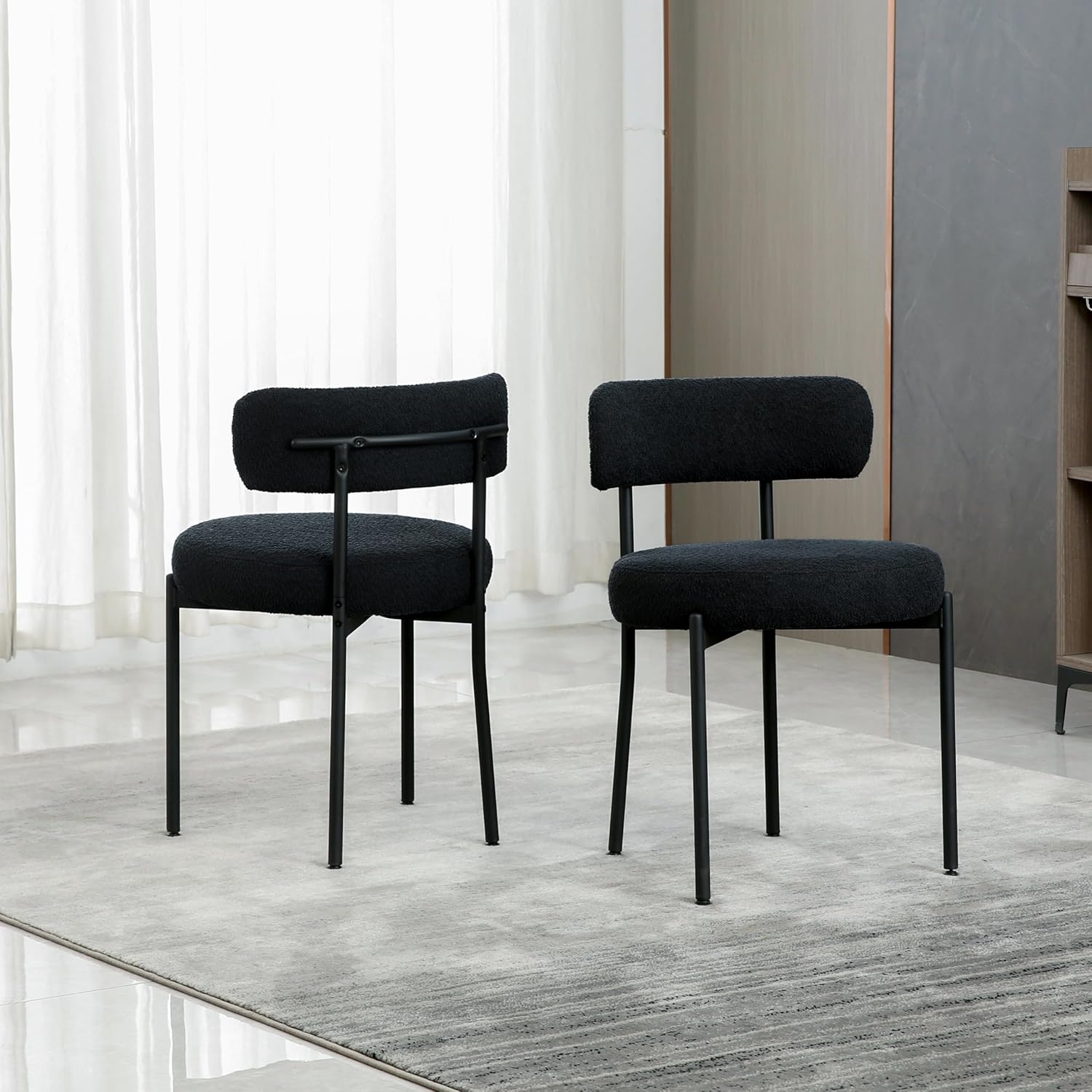 White Boucle Dining Chairs Set of 2, Mid Century Modern Kitchen Chairs, Upholstered Dining Room Chairs with Curved Backrest and Black Metal Legs