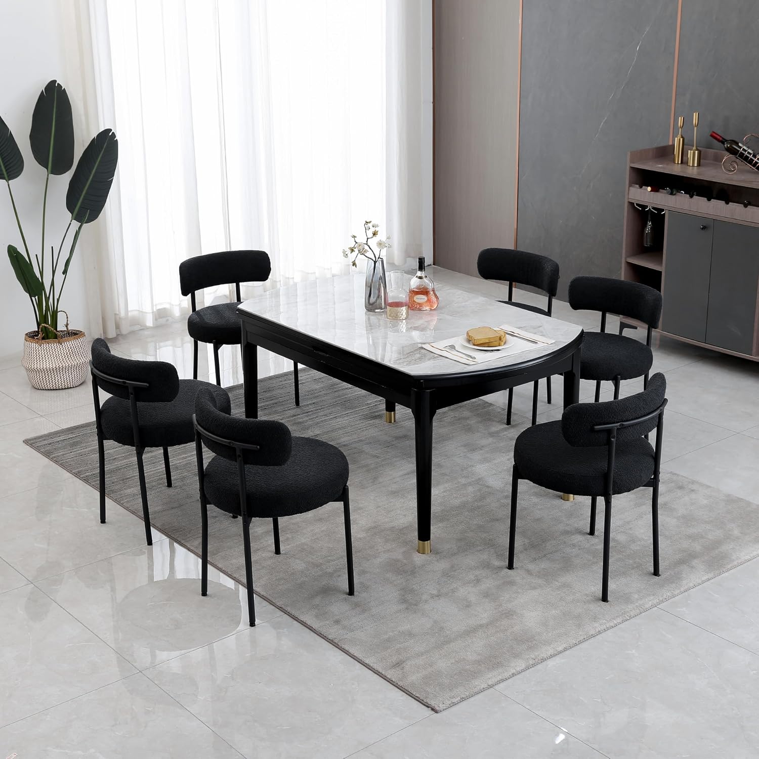 White Boucle Dining Chairs Set of 2, Mid Century Modern Kitchen Chairs, Upholstered Dining Room Chairs with Curved Backrest and Black Metal Legs