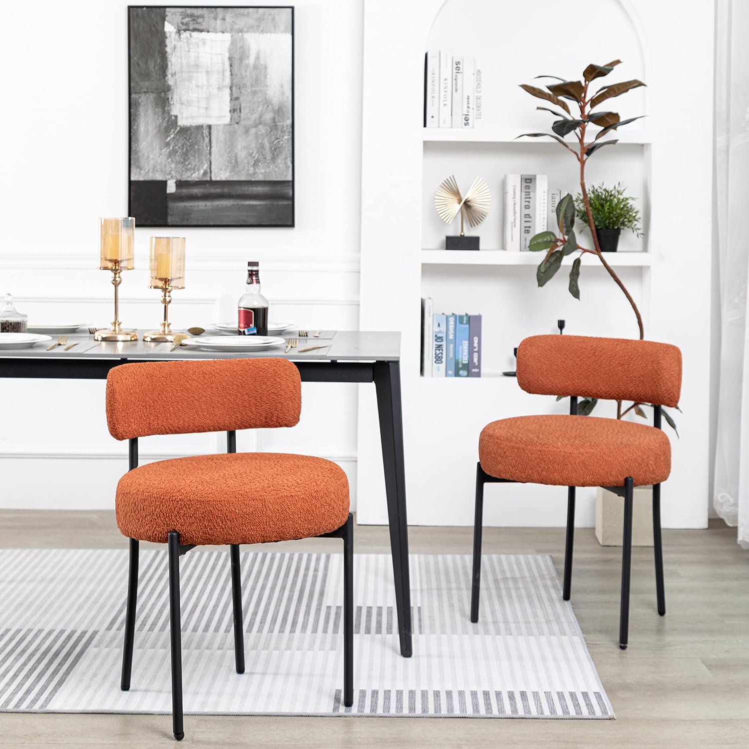 White Boucle Dining Chairs Set of 2, Mid Century Modern Kitchen Chairs, Upholstered Dining Room Chairs with Curved Backrest and Black Metal Legs