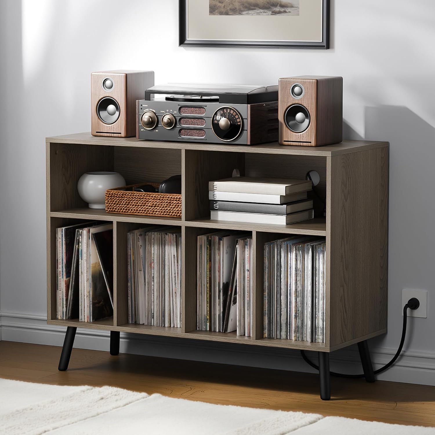 Record Player Stand with Vinyl Storage Cabinet, Wood Turntable Table Open Shelf Holder Up to 350 Albums Cube Storage Organizer for Living Room, Office, Brown