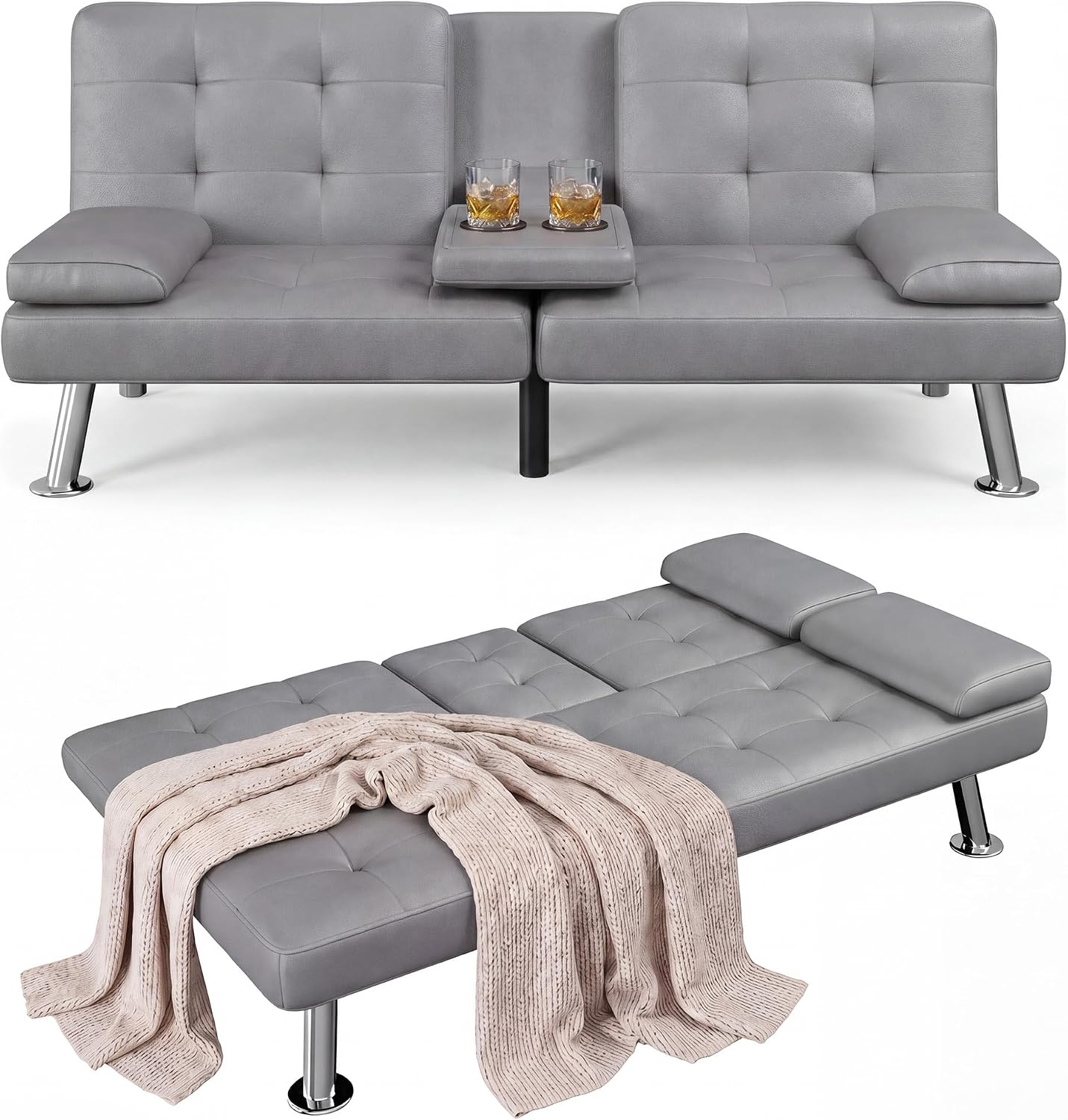 Flamaker Futon Sofa Bed Modern Folding Futon Set Convertible Recliner Lounge for Living Room with 2 Cup Holders, Removable Armrests (PU Leather, Black)