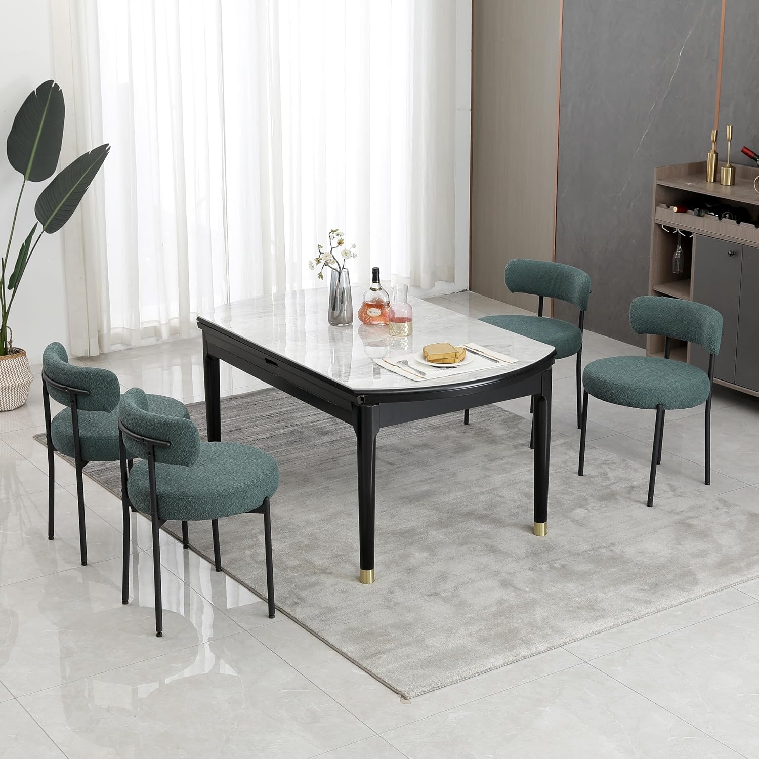 White Boucle Dining Chairs Set of 2, Mid Century Modern Kitchen Chairs, Upholstered Dining Room Chairs with Curved Backrest and Black Metal Legs