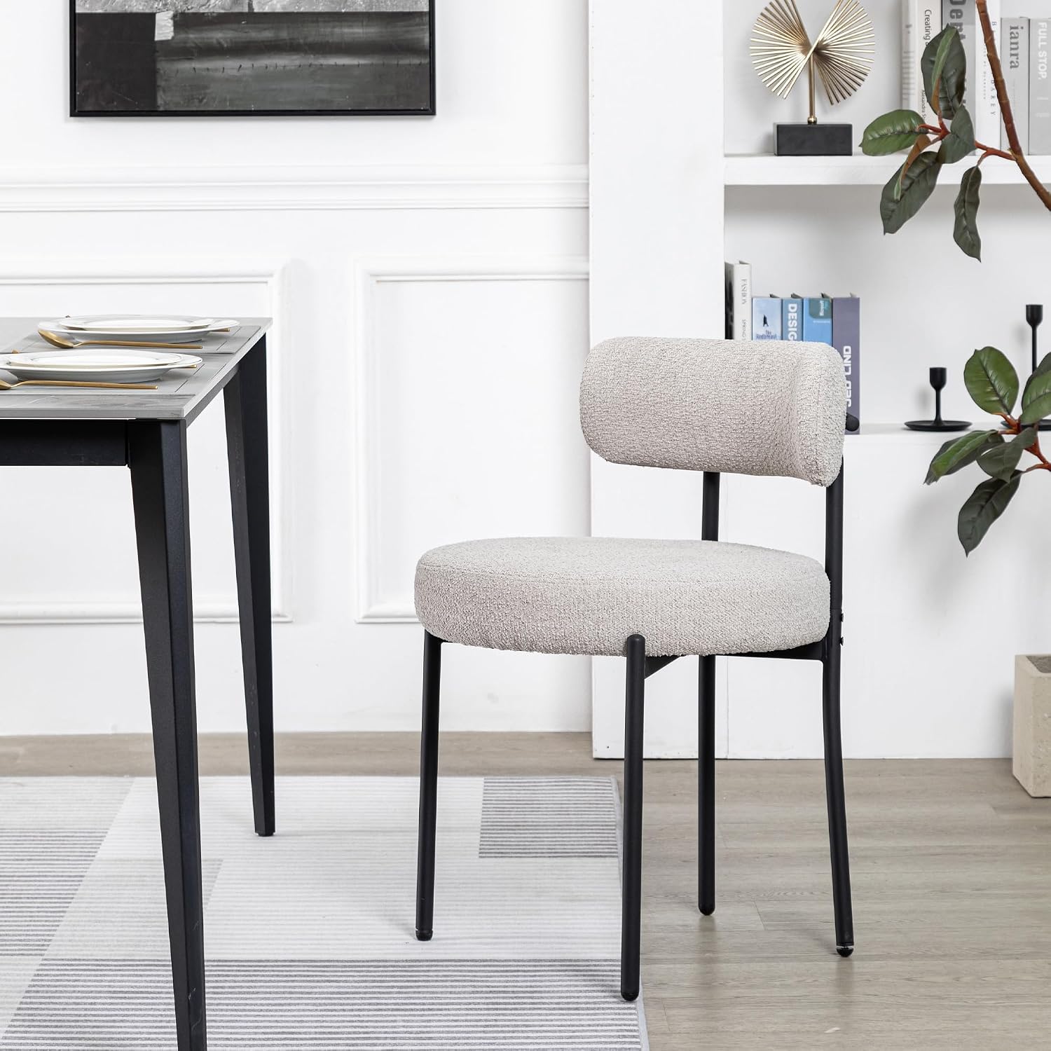 White Boucle Dining Chairs Set of 2, Mid Century Modern Kitchen Chairs, Upholstered Dining Room Chairs with Curved Backrest and Black Metal Legs