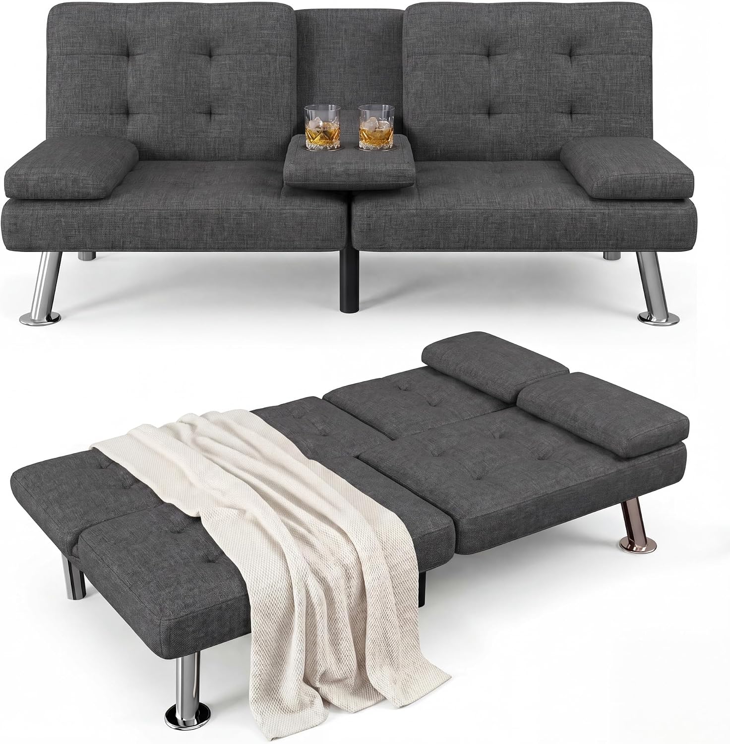 Flamaker Futon Sofa Bed Modern Folding Futon Set Convertible Recliner Lounge for Living Room with 2 Cup Holders, Removable Armrests (PU Leather, Black)