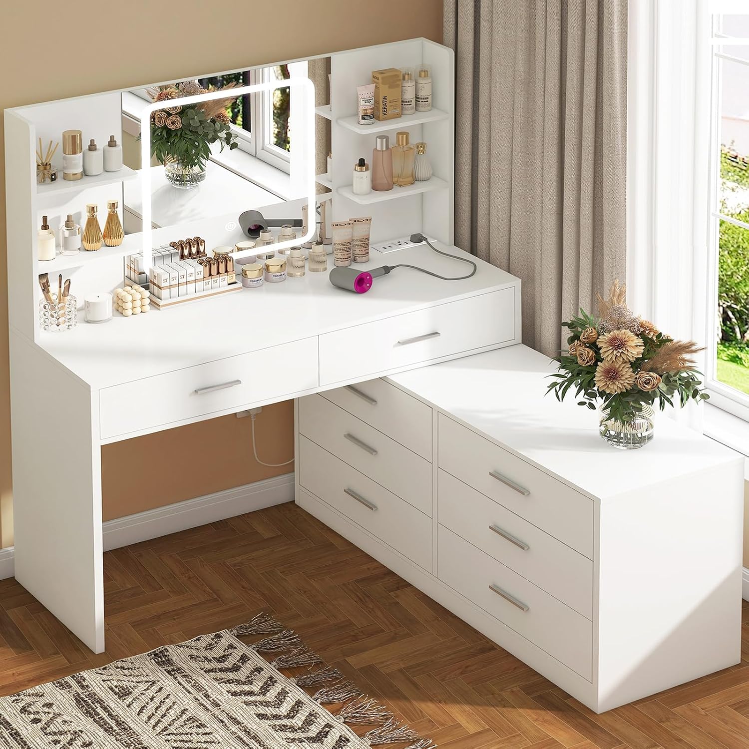 Large Vanity Desk with LED Lighted Mirror & Power Outlet,Makeup Vanity Table with 7 Drawers,4 Shelves and 5 Hooks,Vanity Table, Vanity Desk Set for Bedroom,Bathroom,White