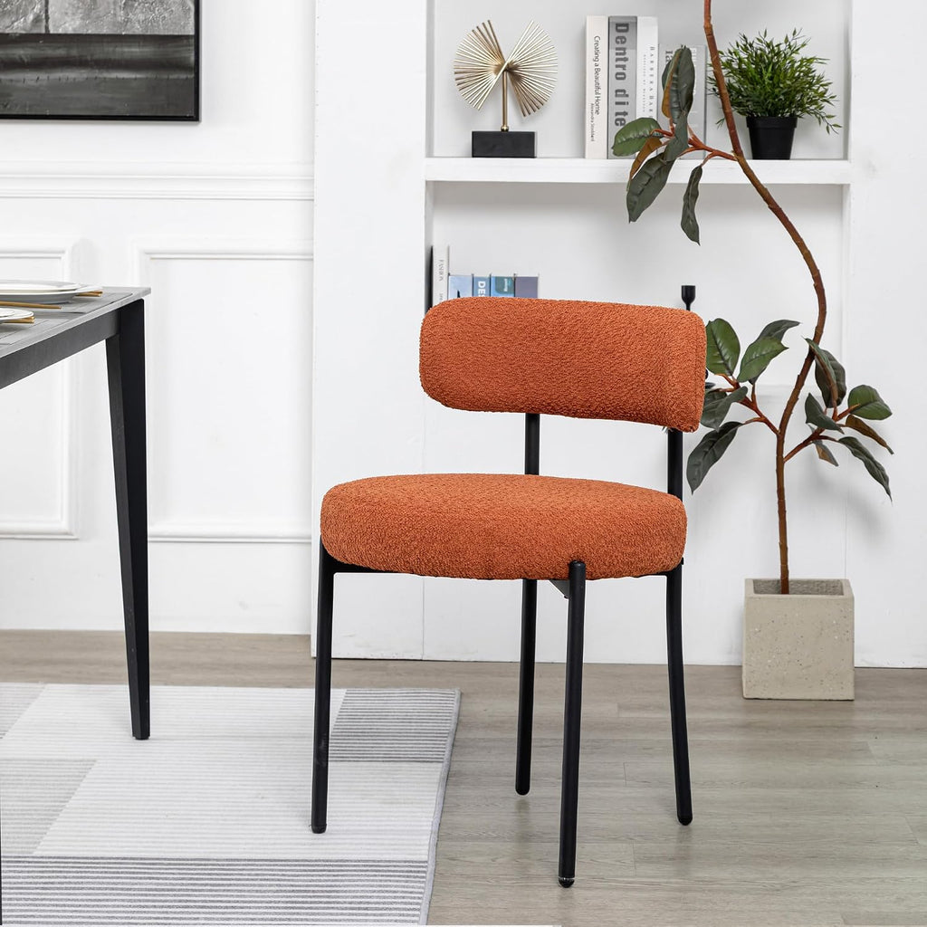 White Boucle Dining Chairs Set of 2, Mid Century Modern Kitchen Chairs, Upholstered Dining Room Chairs with Curved Backrest and Black Metal Legs