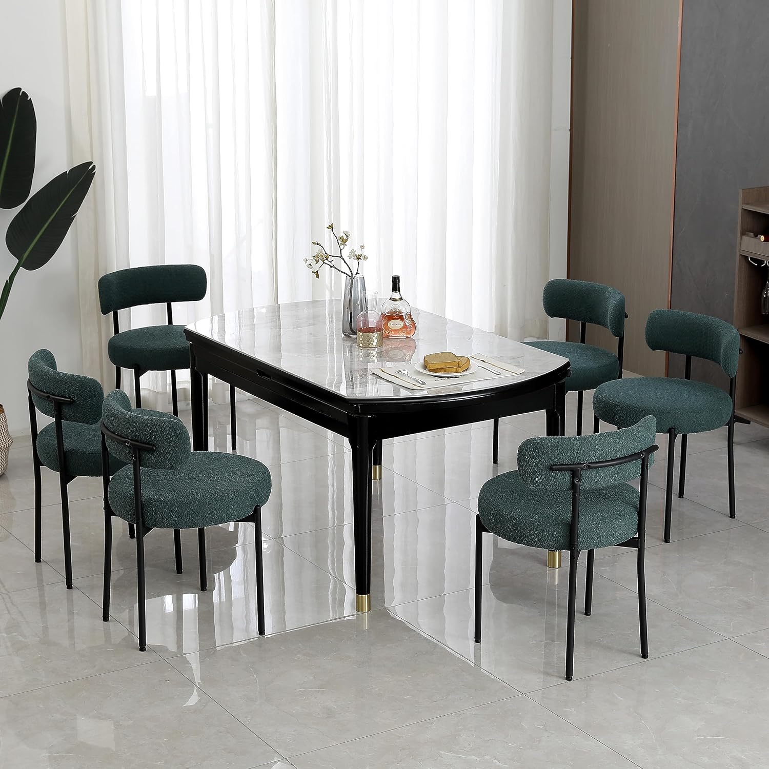 White Boucle Dining Chairs Set of 2, Mid Century Modern Kitchen Chairs, Upholstered Dining Room Chairs with Curved Backrest and Black Metal Legs