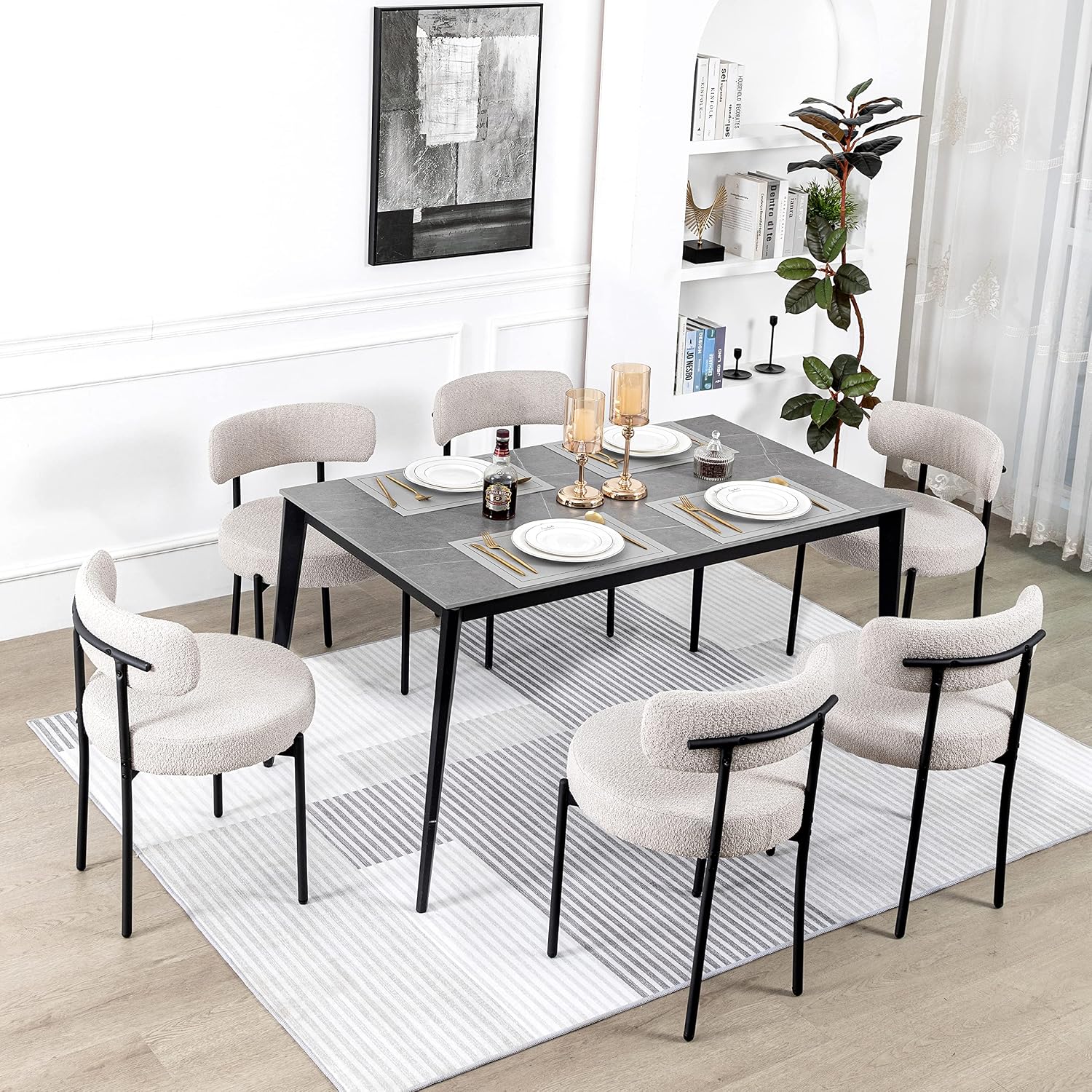 White Boucle Dining Chairs Set of 2, Mid Century Modern Kitchen Chairs, Upholstered Dining Room Chairs with Curved Backrest and Black Metal Legs